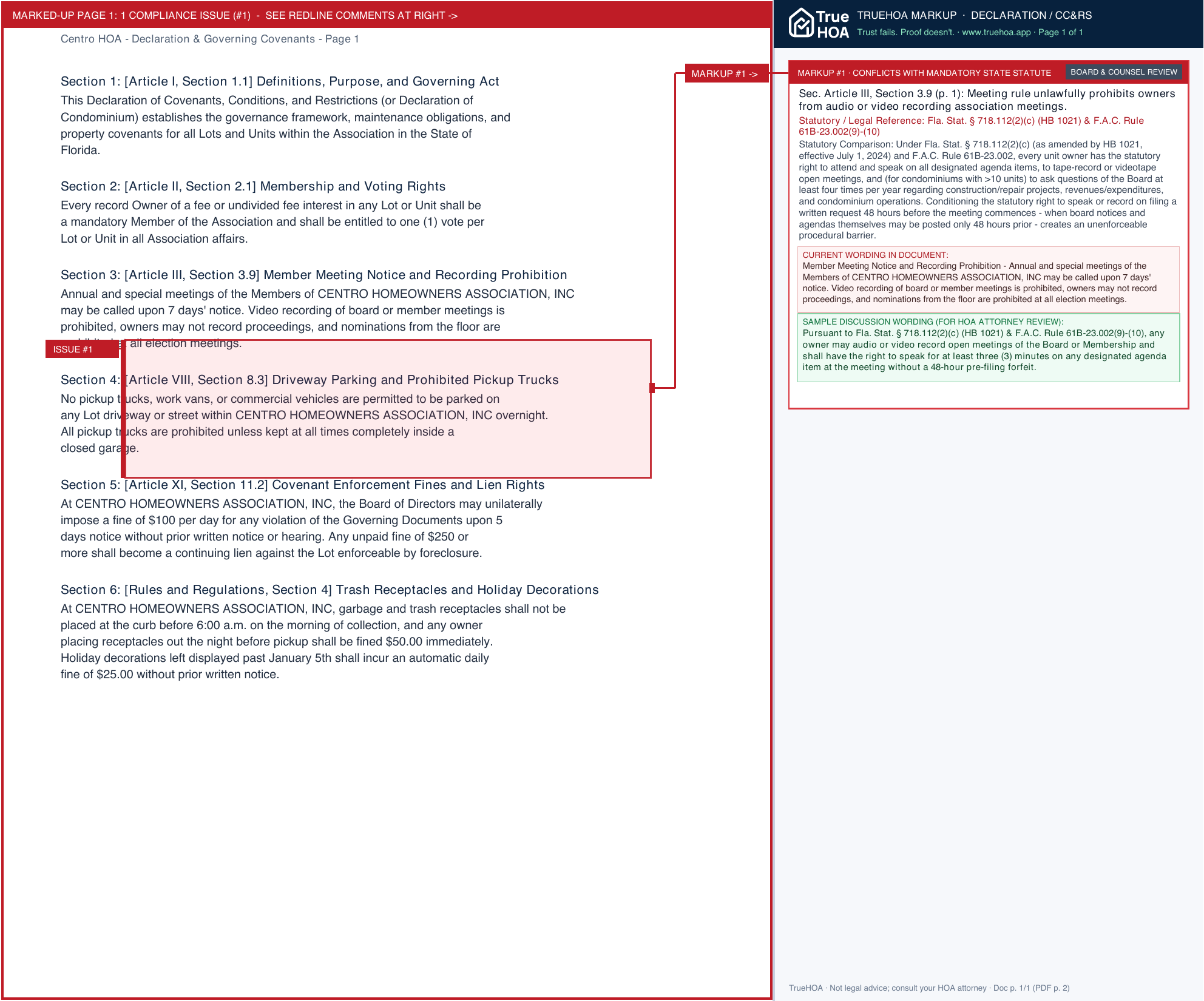 Centro HOA Declaration & Governing Covenants page 1 widened with TrueHOA Crystal AI margin annotations