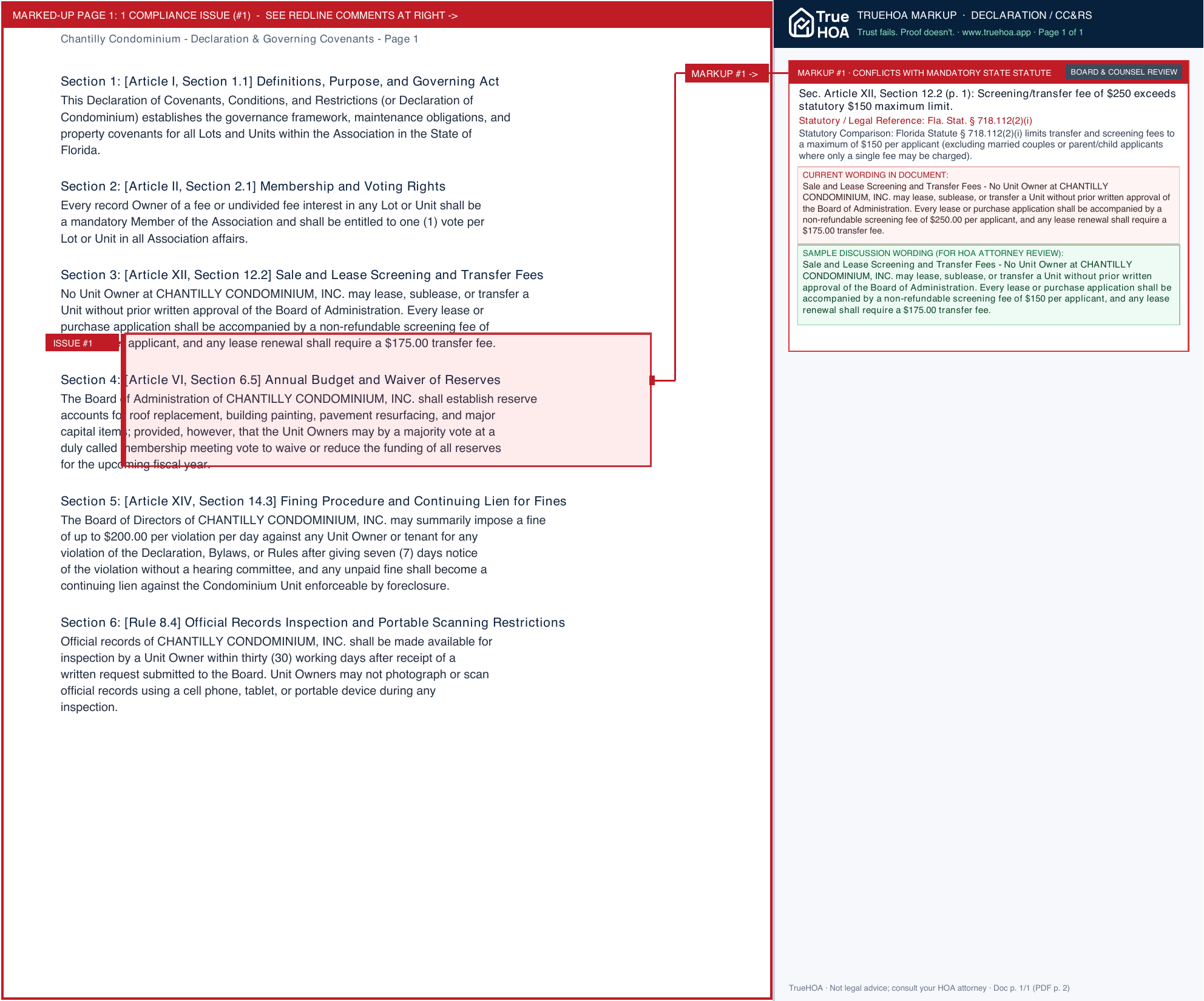 Chantilly Condominium Declaration & Governing Covenants page 1 widened with TrueHOA Crystal AI margin annotations
