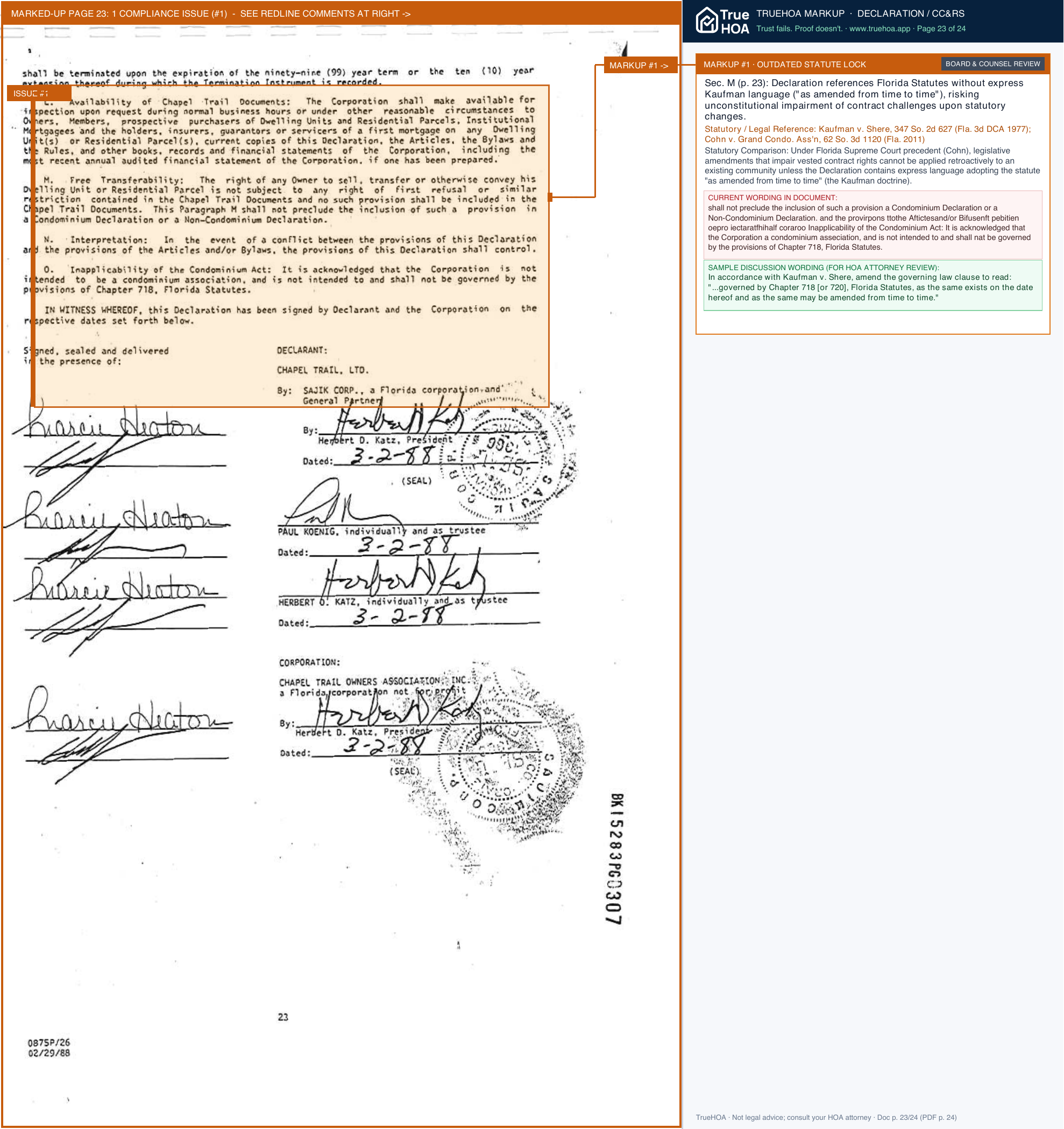 Chapel Trail Estates HOA CTOA Declaration of Protective Covenants page 23 widened with TrueHOA Crystal AI margin annotations