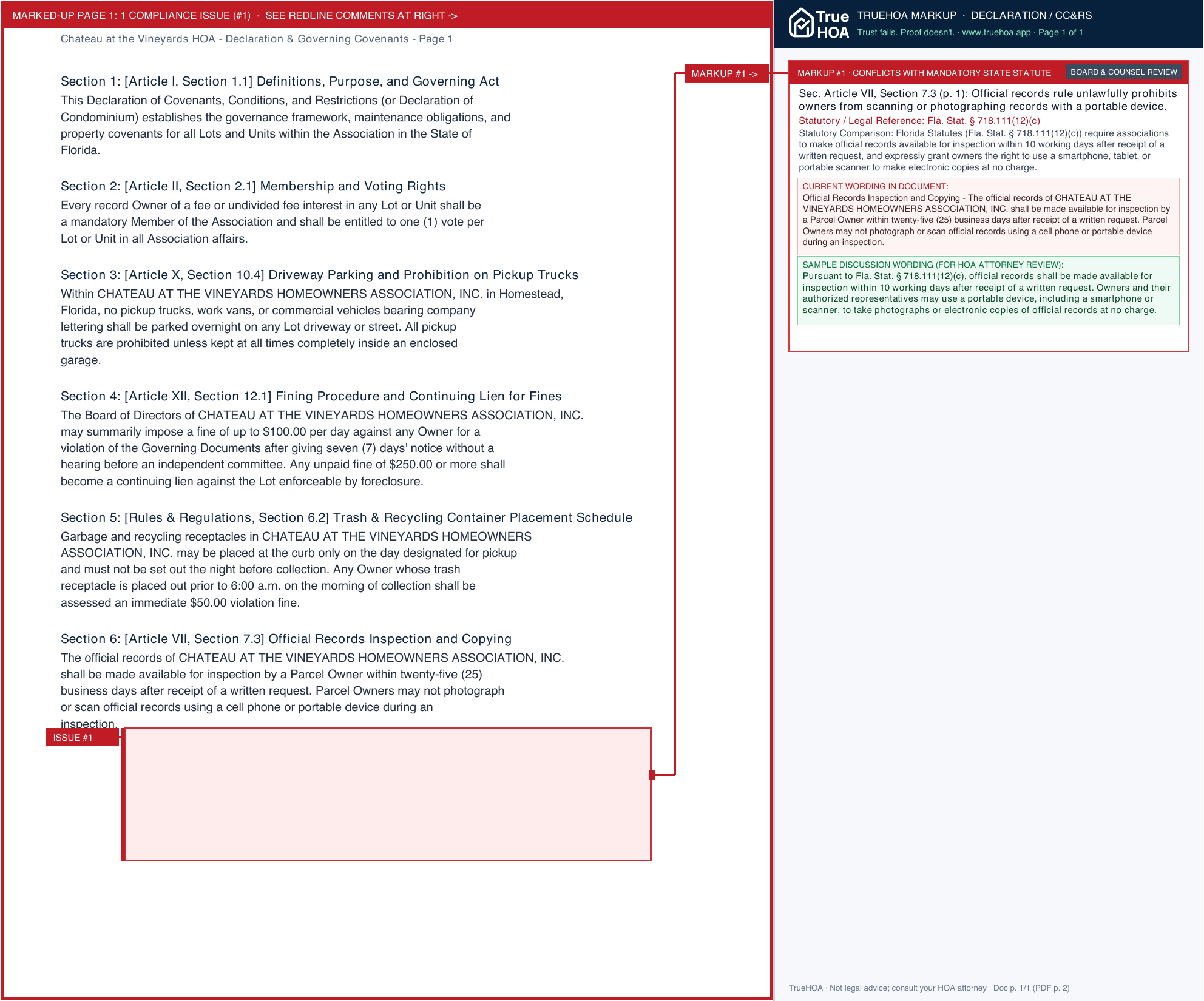Chateau at the Vineyards HOA Declaration & Governing Covenants page 1 widened with TrueHOA Crystal AI margin annotations