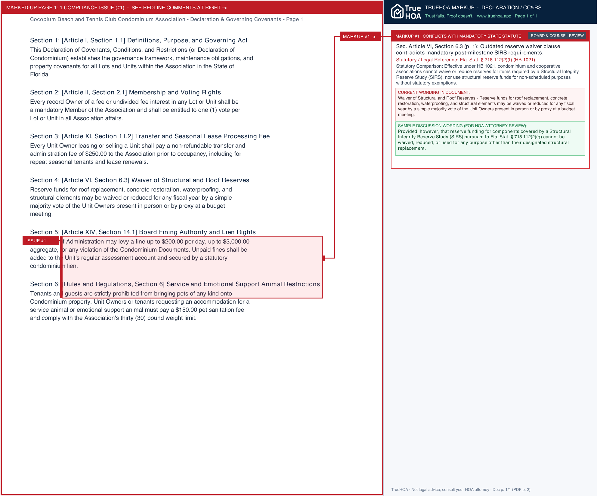 Cocoplum Beach and Tennis Club Condominium Association Declaration & Governing Covenants page 1 widened with TrueHOA Crystal AI margin annotations