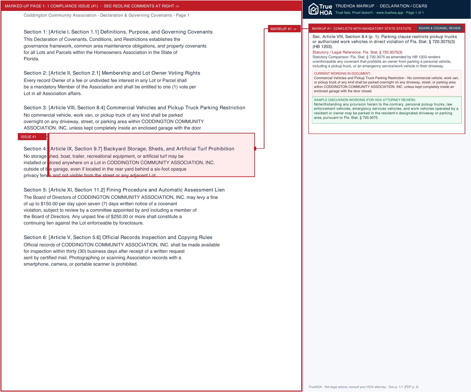 Coddington Community Association Declaration & Governing Covenants page 1 widened with TrueHOA Crystal AI margin annotations