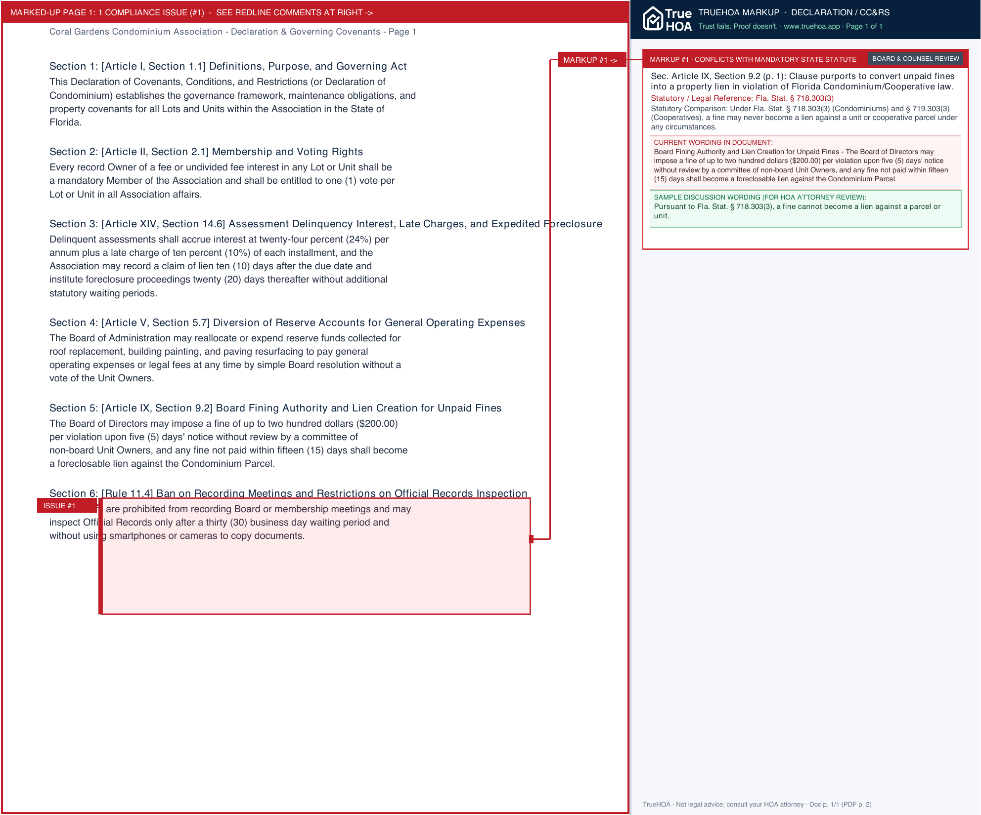Coral Gardens Condominium Association Declaration & Governing Covenants page 1 widened with TrueHOA Crystal AI margin annotations