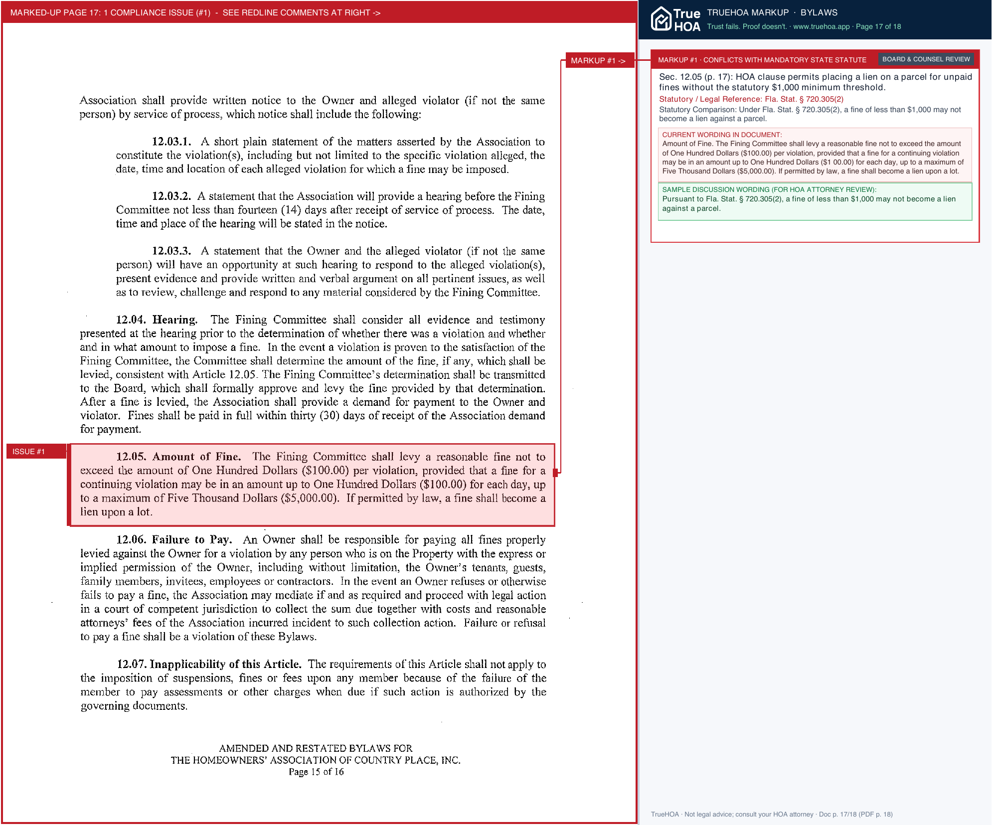 Country Place HOA CPL DOCS Bylaws page 17 widened with TrueHOA Crystal AI margin annotations