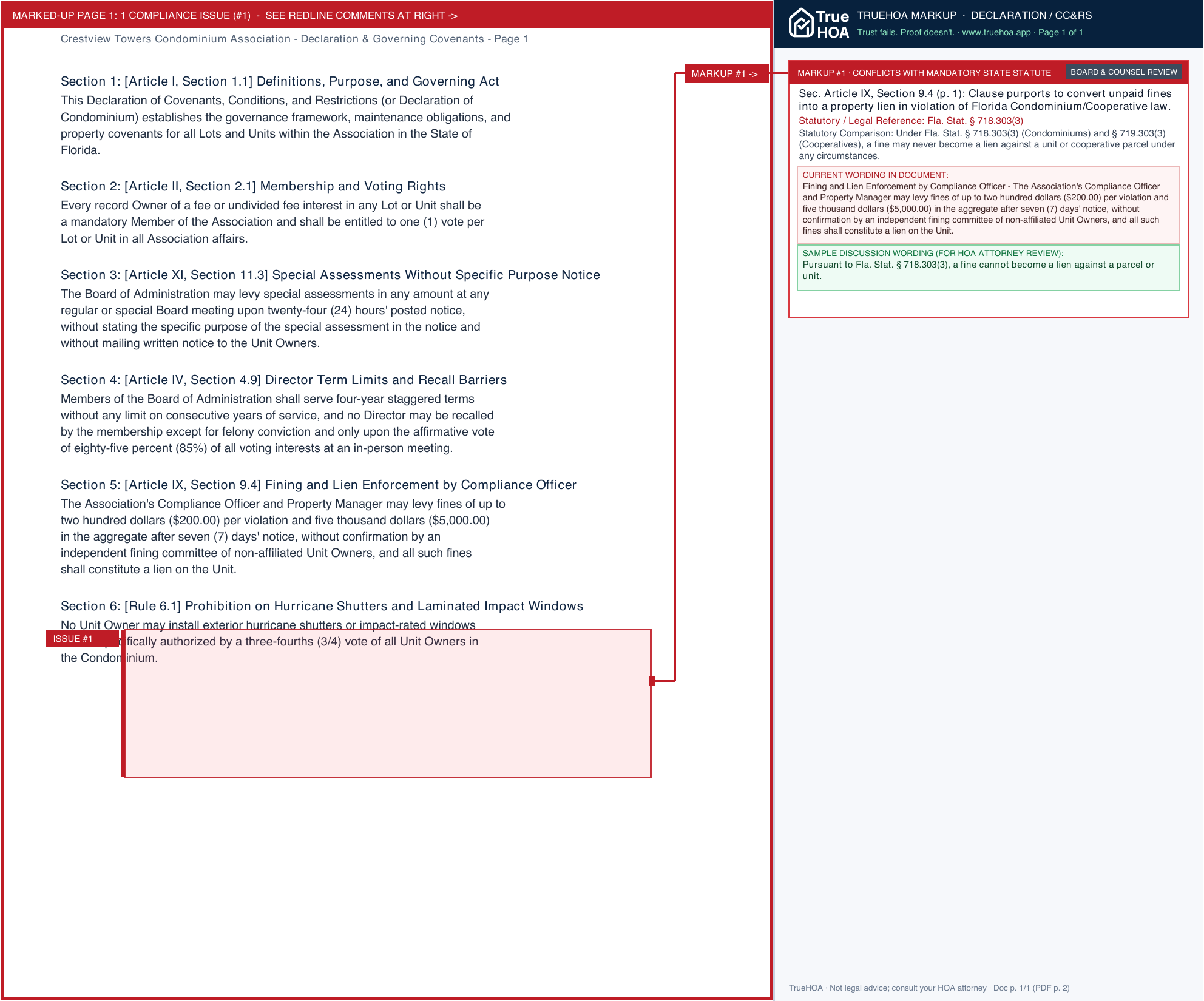 Crestview Towers Condominium Association Declaration & Governing Covenants page 1 widened with TrueHOA Crystal AI margin annotations