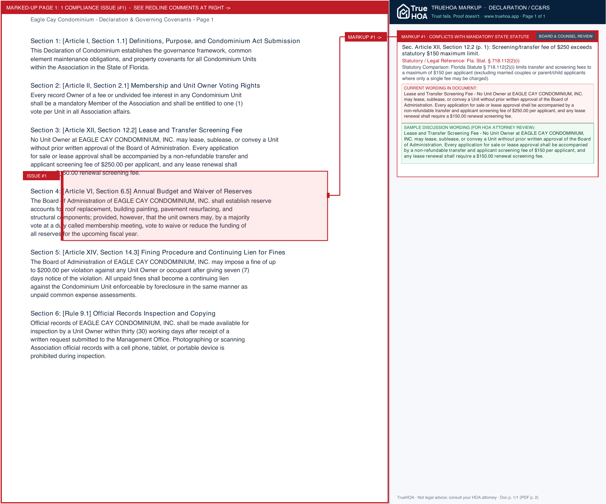 Eagle Cay Condominium Declaration & Governing Covenants page 1 widened with TrueHOA Crystal AI margin annotations