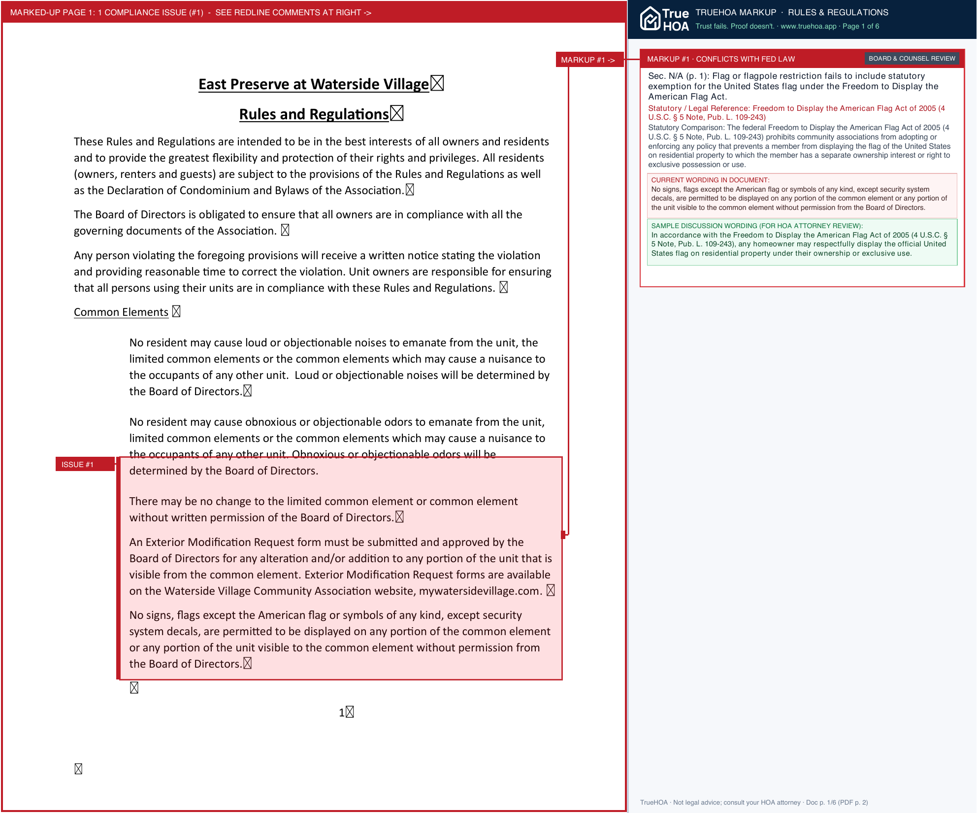 East Preserve at Waterside Village Condominium Association EP DOCS Rules and Regulations v1 page 1 widened with TrueHOA Crystal AI margin annotations