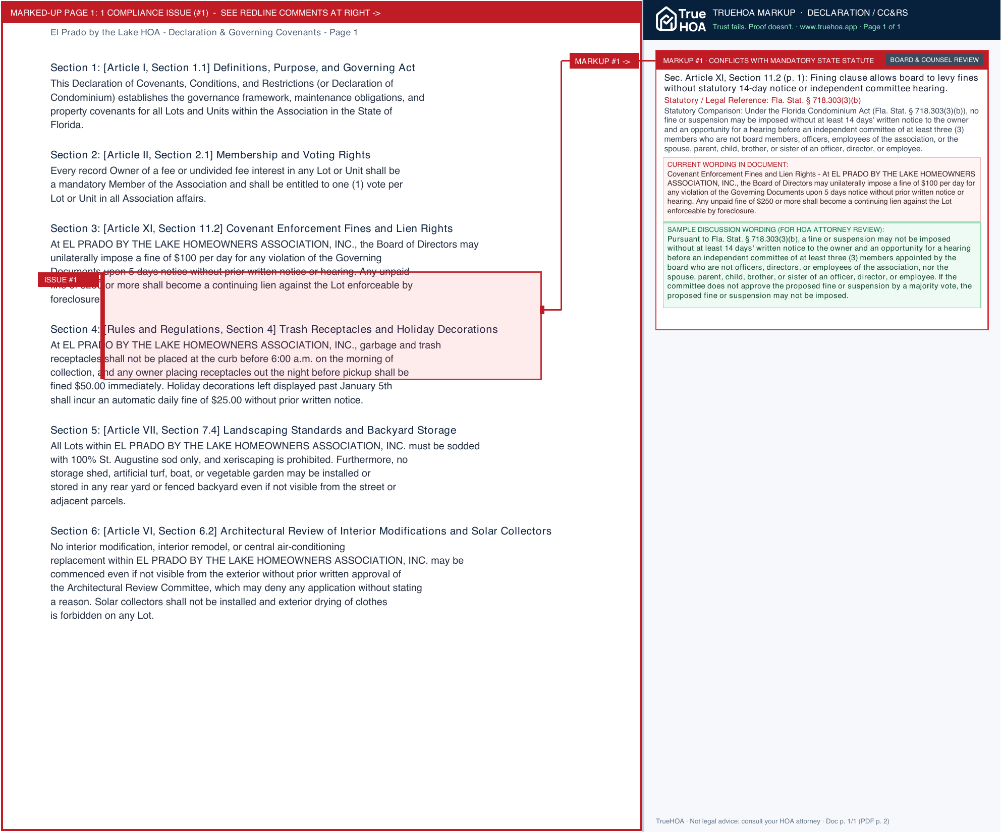 El Prado by the Lake HOA Declaration & Governing Covenants page 1 widened with TrueHOA Crystal AI margin annotations