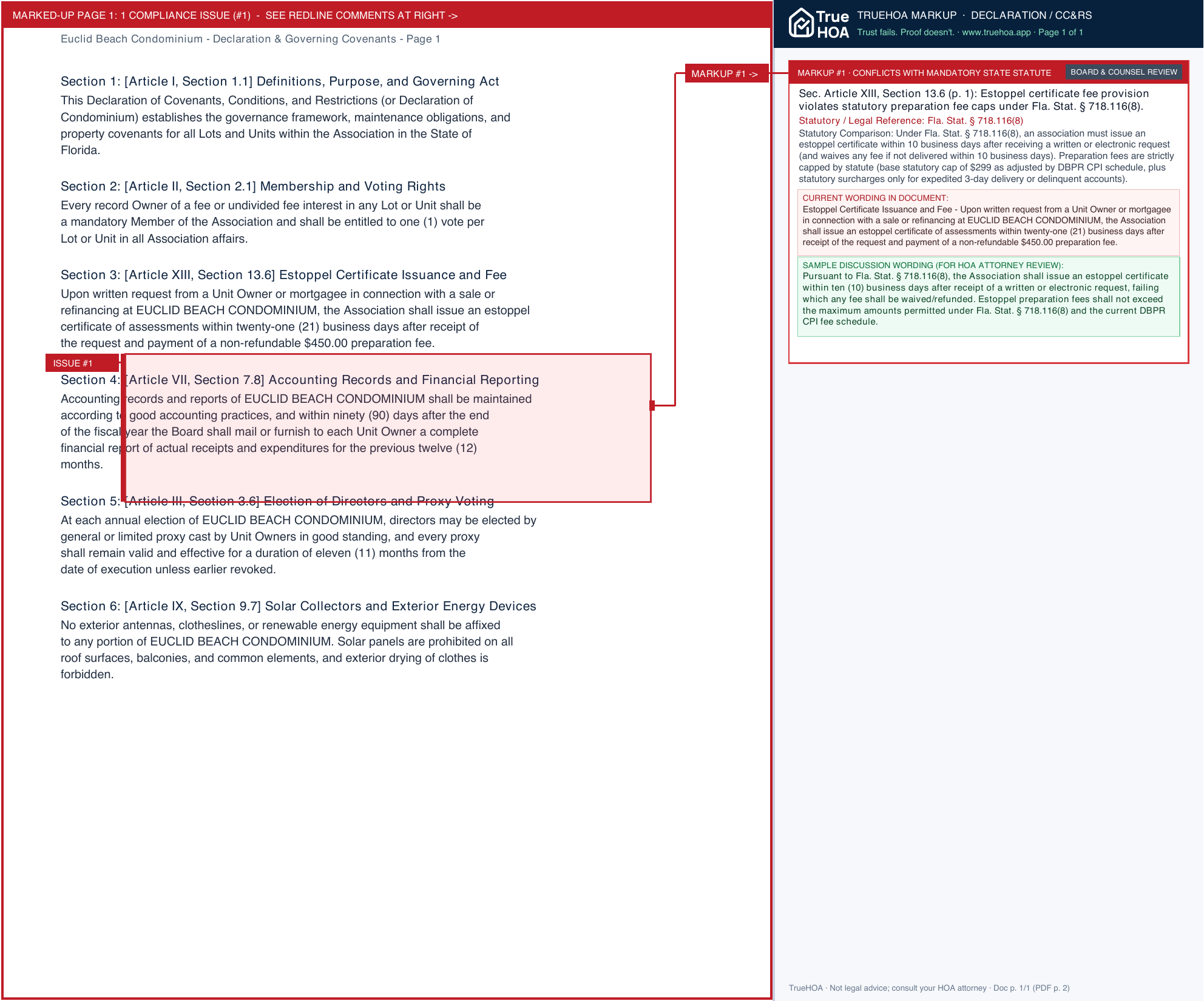 Euclid Beach Condominium Declaration & Governing Covenants page 1 widened with TrueHOA Crystal AI margin annotations