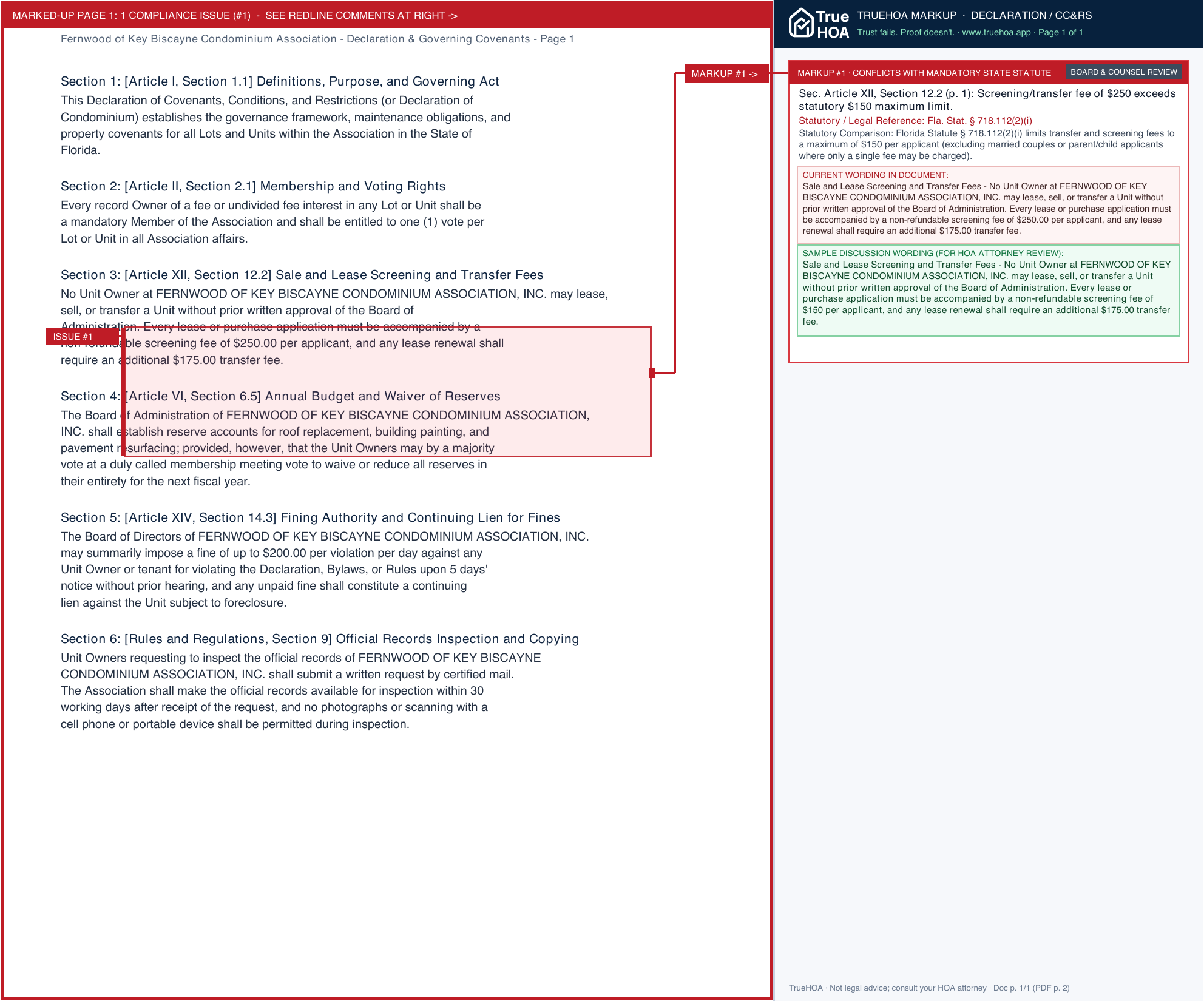 Fernwood of Key Biscayne Condominium Association Declaration & Governing Covenants page 1 widened with TrueHOA Crystal AI margin annotations