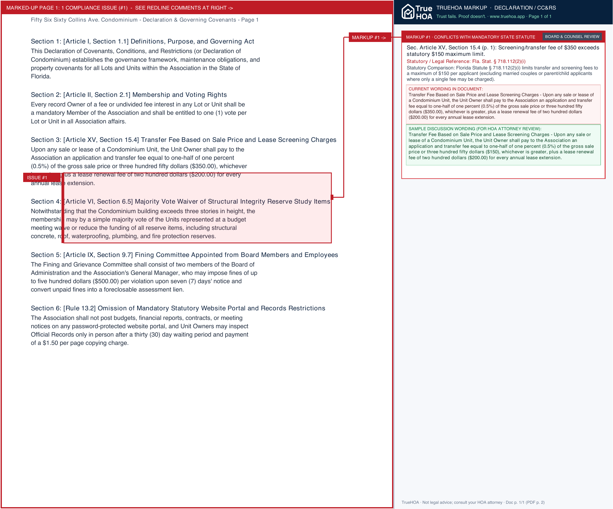 Fifty Six Sixty Collins Ave. Condominium Declaration & Governing Covenants page 1 widened with TrueHOA Crystal AI margin annotations