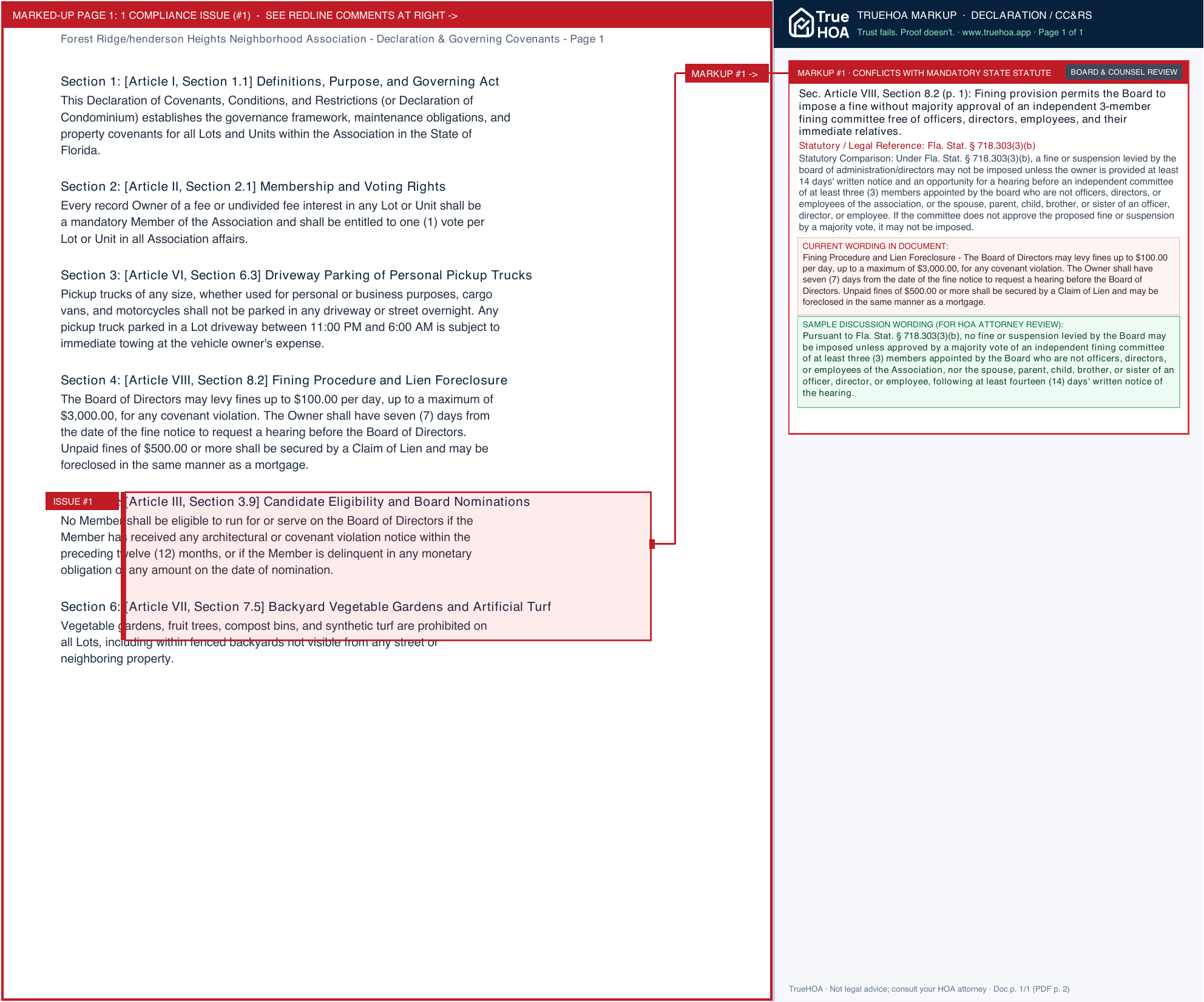 Forest Ridge/henderson Heights Neighborhood Association Declaration & Governing Covenants page 1 widened with TrueHOA Crystal AI margin annotations