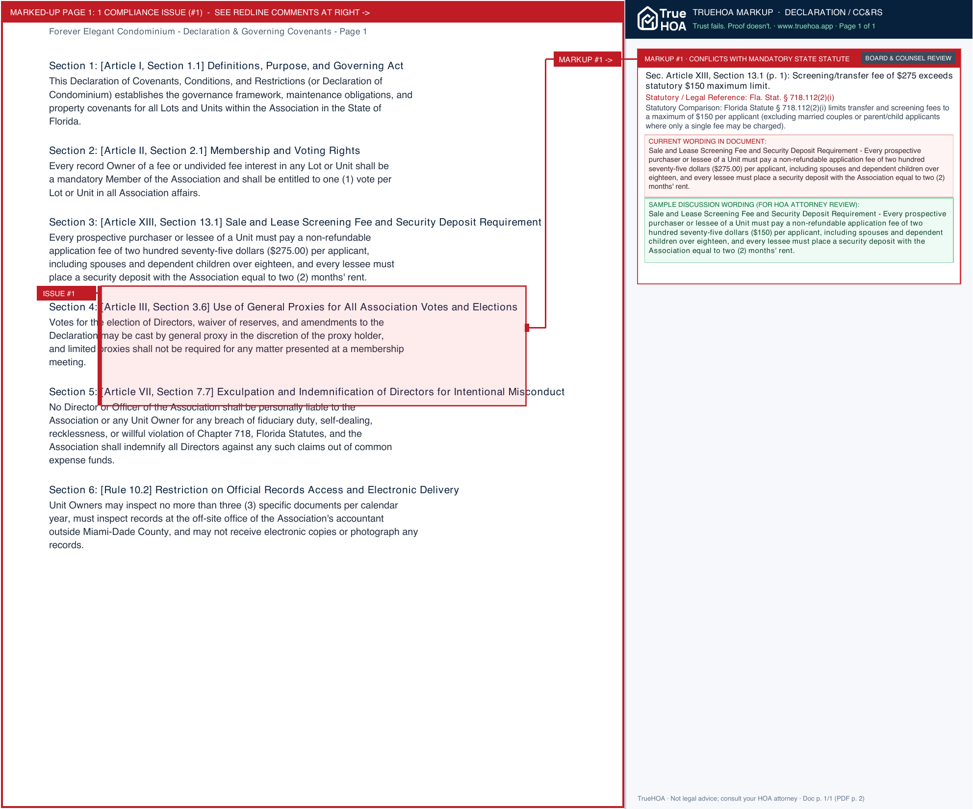Forever Elegant Condominium Declaration & Governing Covenants page 1 widened with TrueHOA Crystal AI margin annotations