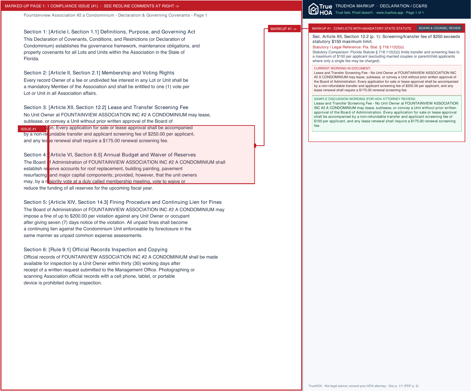 Fountainview Association #2 a Condominium Declaration & Governing Covenants page 1 widened with TrueHOA Crystal AI margin annotations