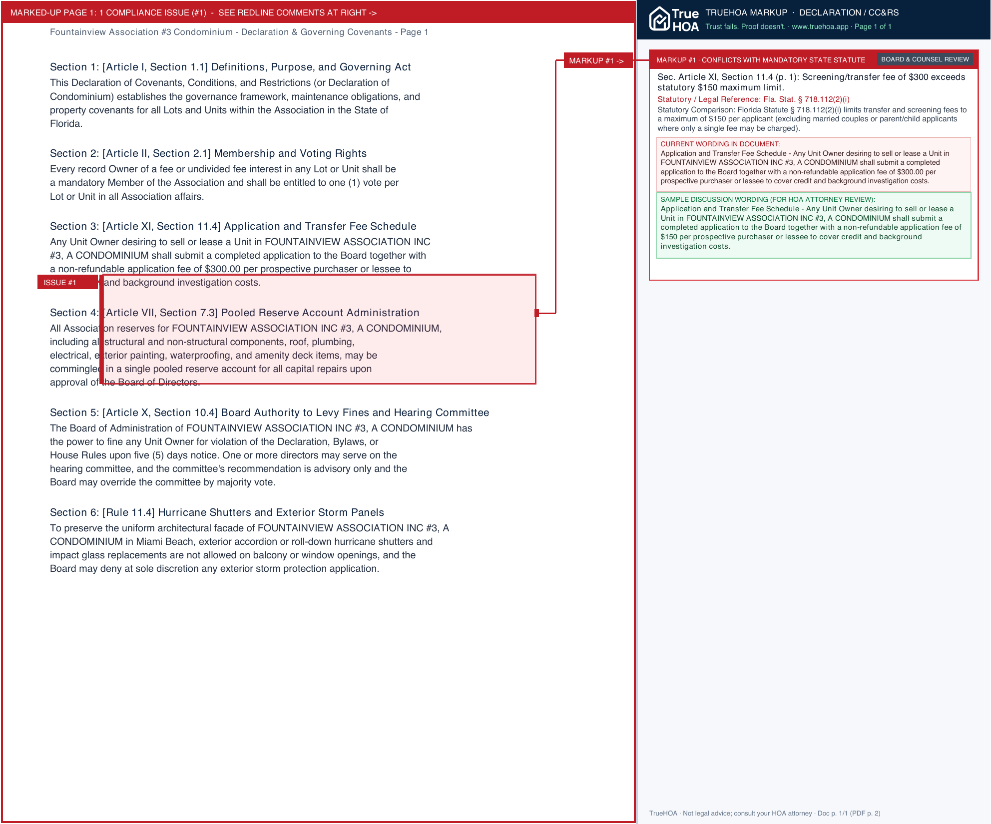 Fountainview Association #3 Condominium Declaration & Governing Covenants page 1 widened with TrueHOA Crystal AI margin annotations