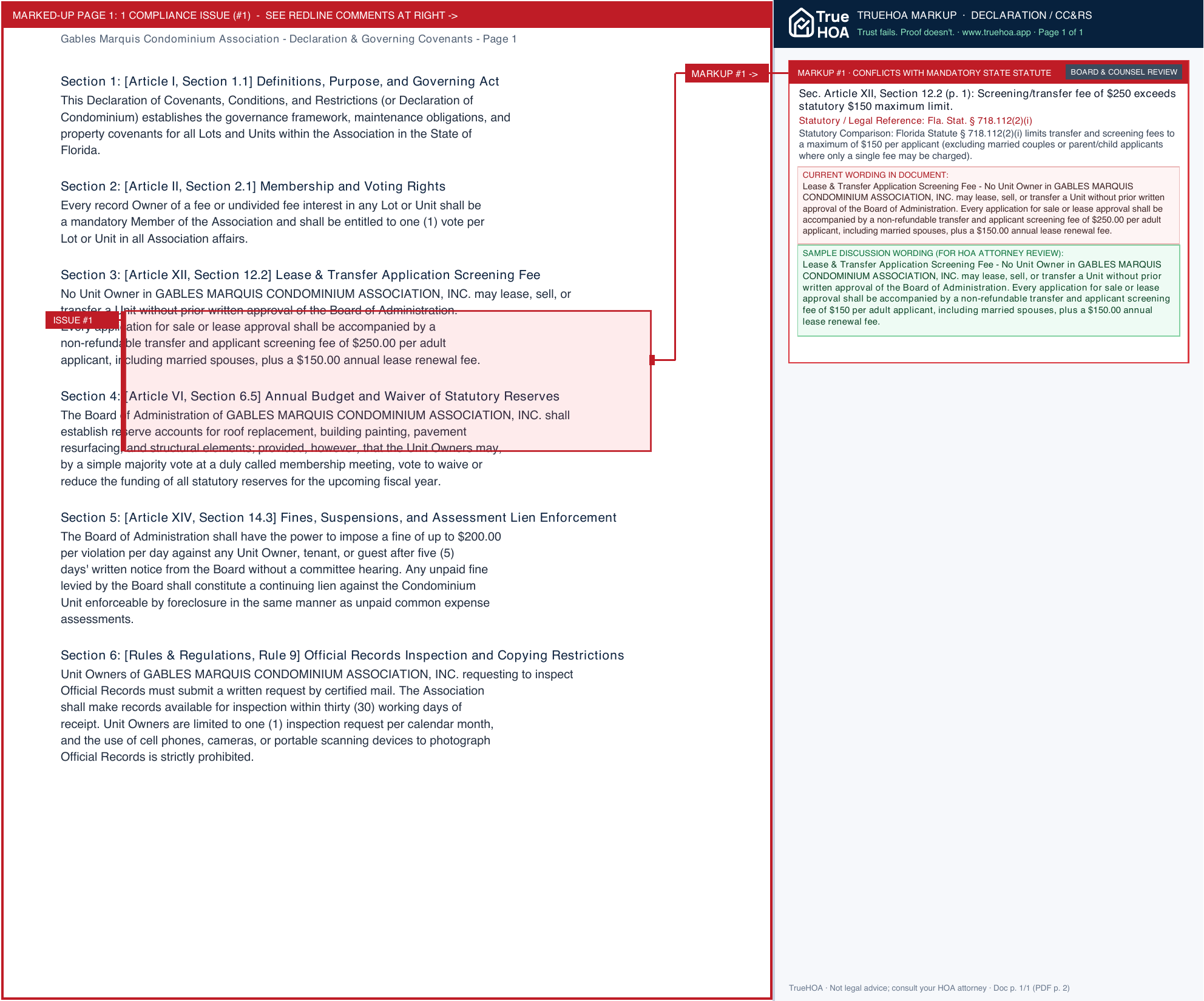 Gables Marquis Condominium Association Declaration & Governing Covenants page 1 widened with TrueHOA Crystal AI margin annotations