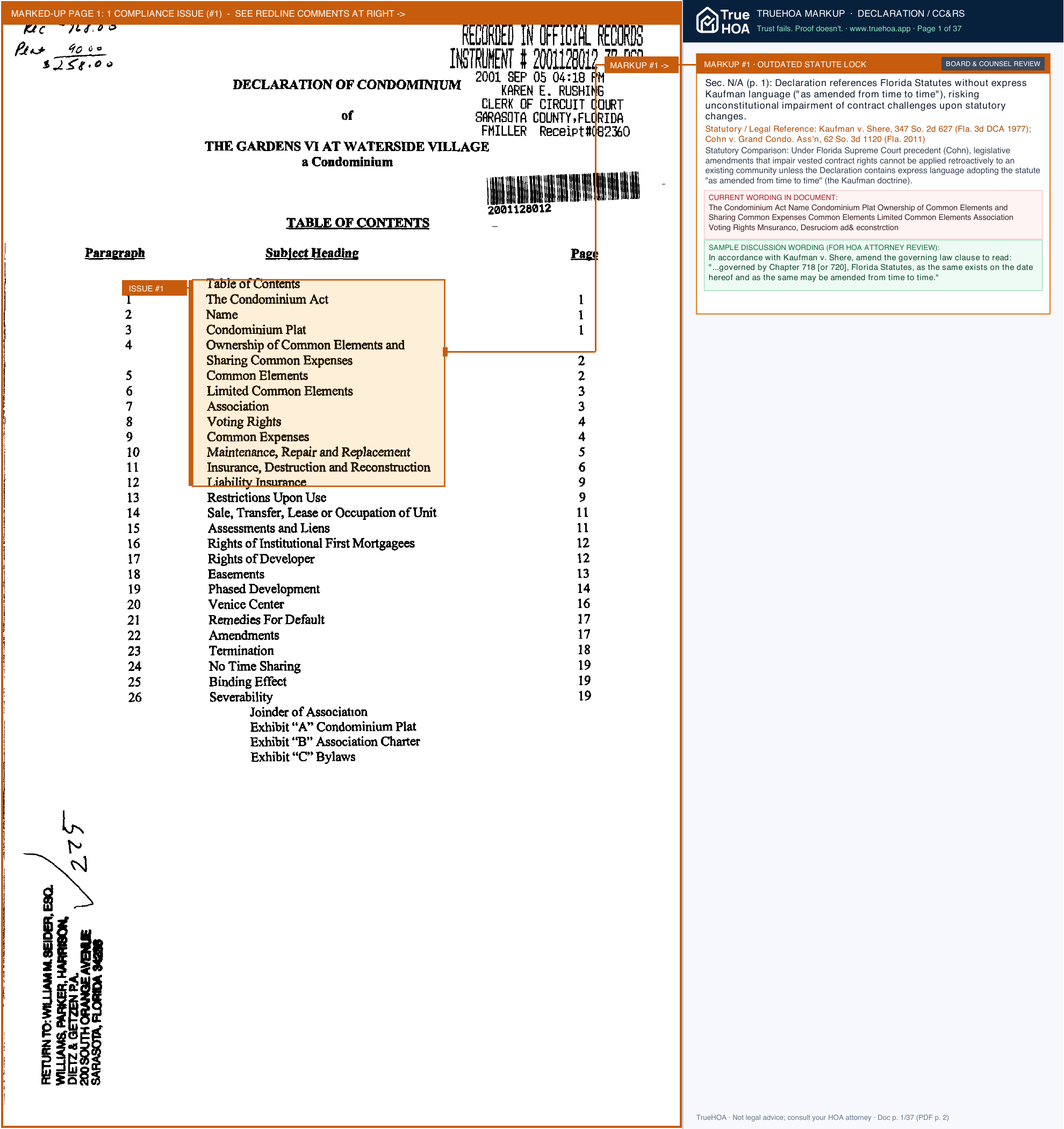 Gardens 6 at Waterside Village Condominium Association G6 DOCS Declaration v1 page 1 widened with TrueHOA Crystal AI margin annotations