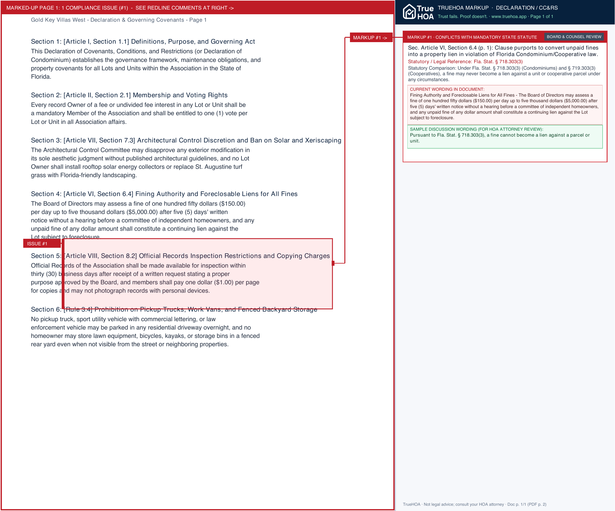 Gold Key Villas West Declaration & Governing Covenants page 1 widened with TrueHOA Crystal AI margin annotations
