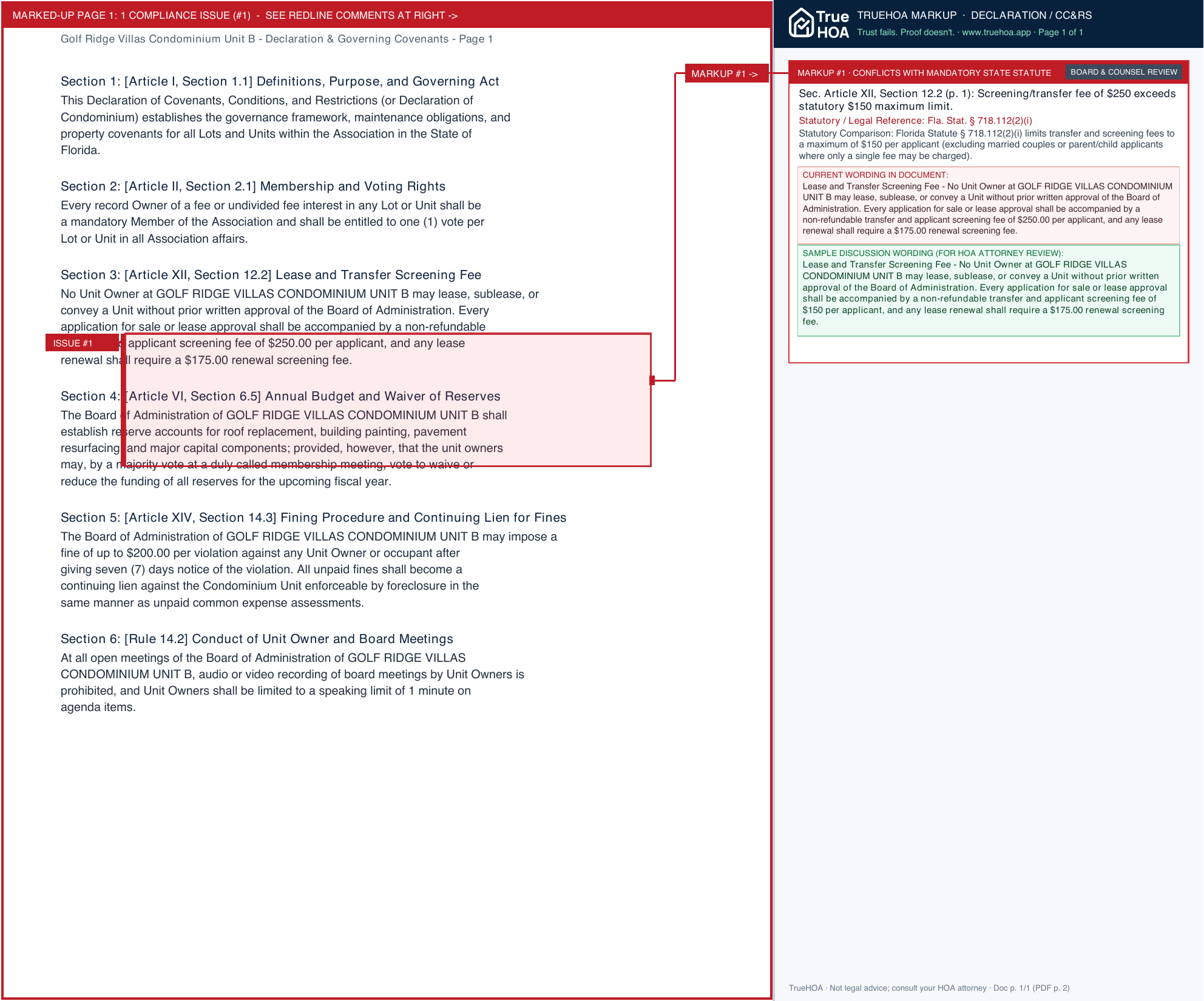 Golf Ridge Villas Condominium Unit B Declaration & Governing Covenants page 1 widened with TrueHOA Crystal AI margin annotations