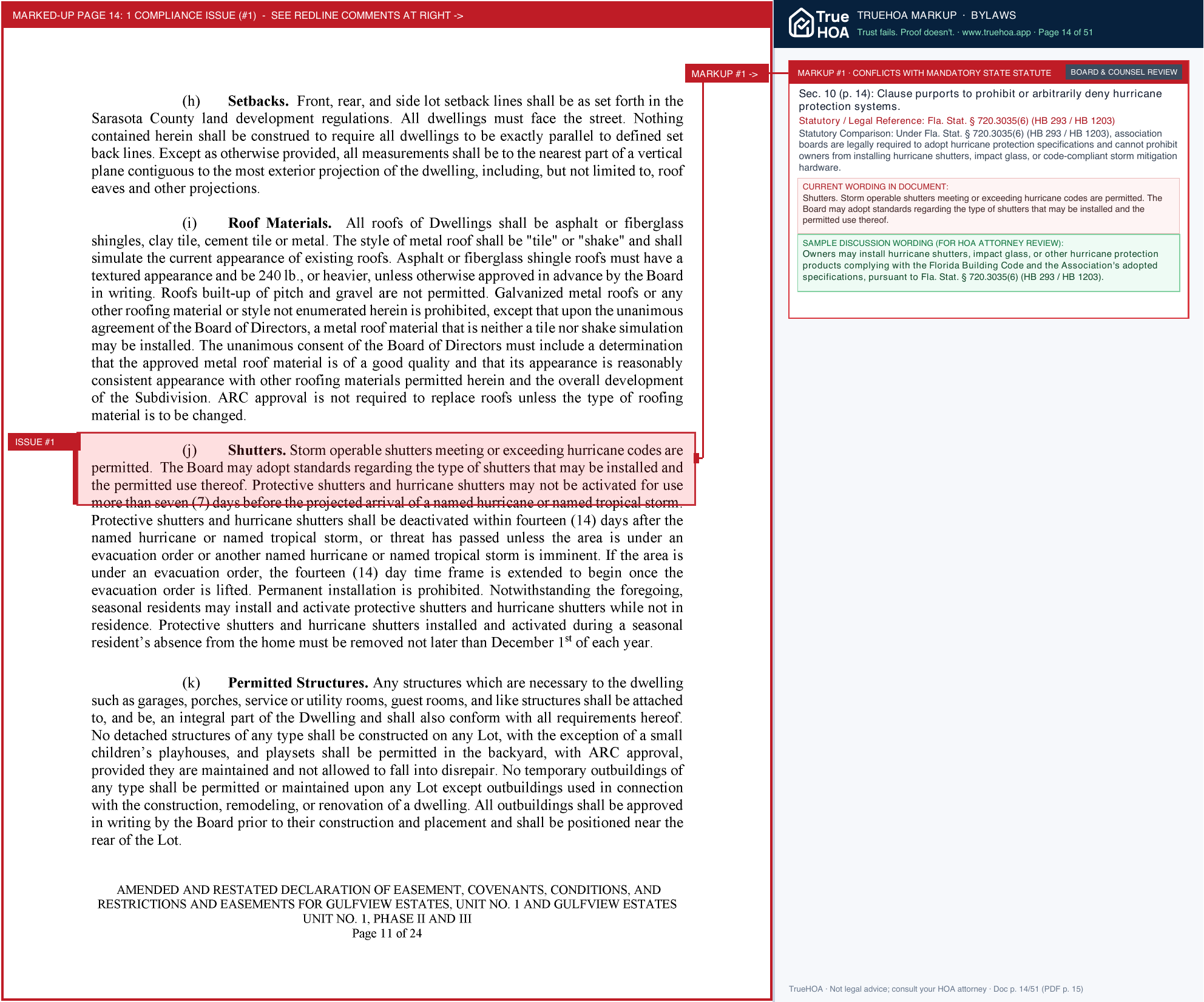 Gulf View Estates Owners Association GVE Docs EC&Rs Bylaws 2025 09 25 Amended Restated page 14 widened with TrueHOA Crystal AI margin annotations