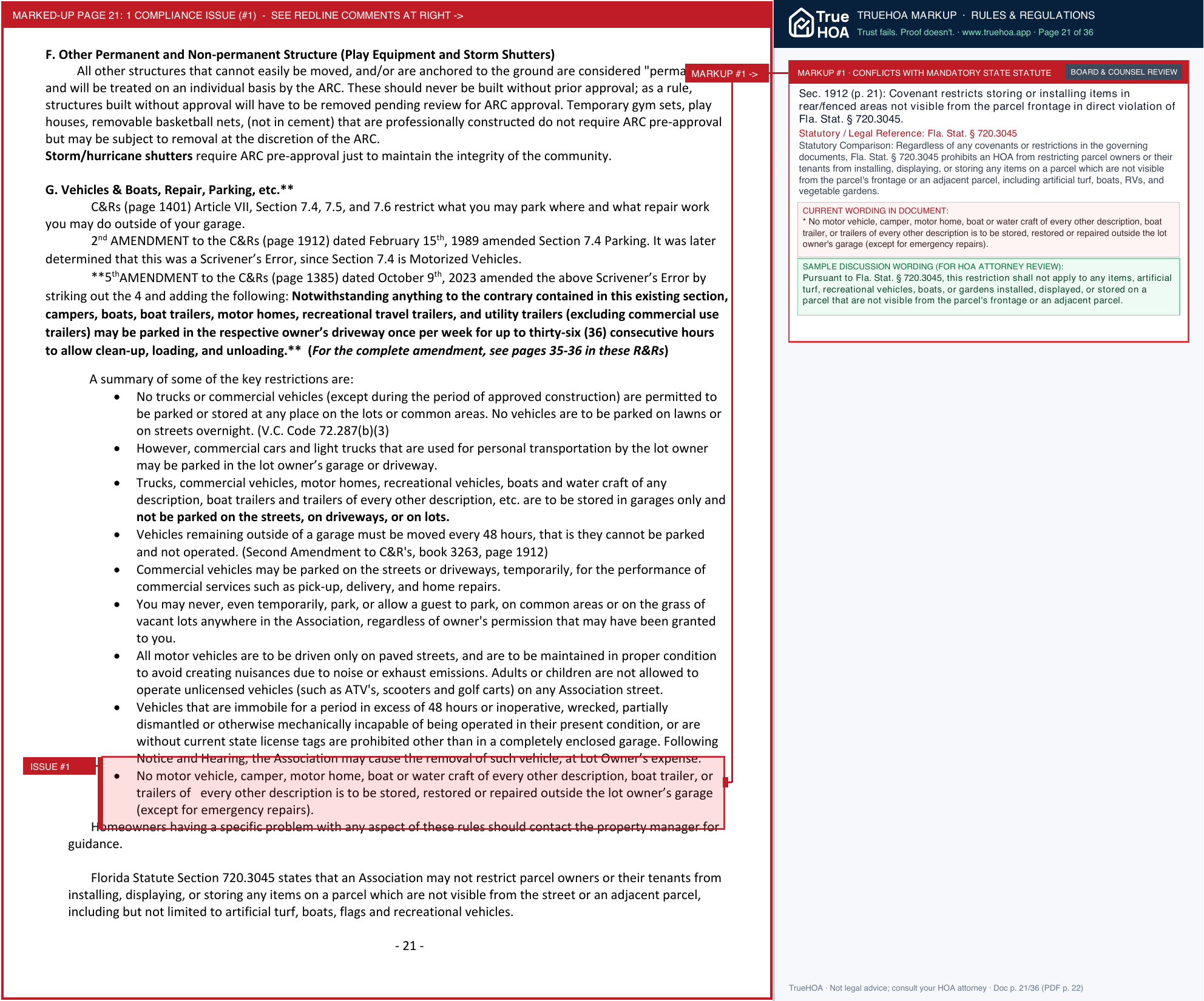Halifax Plantation Phase I HOA Rules Regulations November 2023 page 21 widened with TrueHOA Crystal AI margin annotations