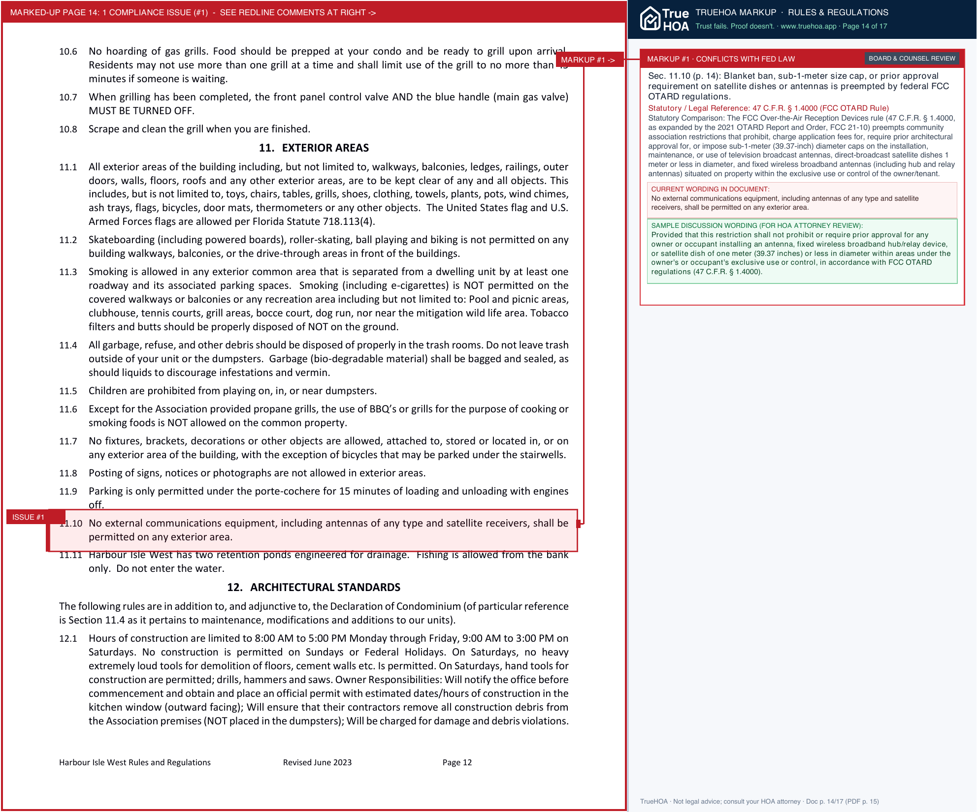 Harbour Isle at Hutchinson Island West Condominium Association Official Rules page 14 widened with TrueHOA Crystal AI margin annotations
