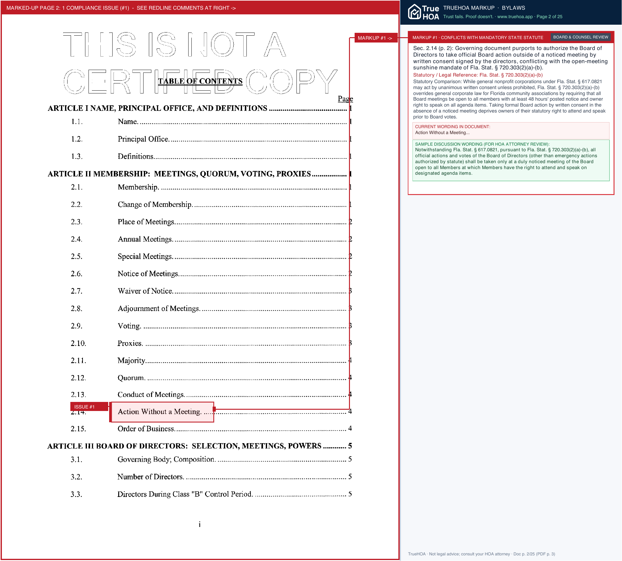 Hawks Point HOA HPH Docs Bylaws page 2 widened with TrueHOA Crystal AI margin annotations