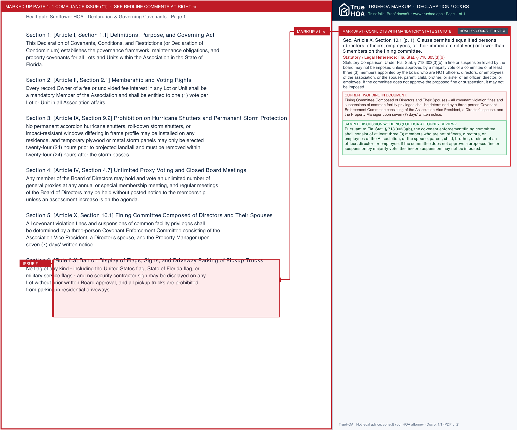 Heathgate-Sunflower HOA Declaration & Governing Covenants page 1 widened with TrueHOA Crystal AI margin annotations