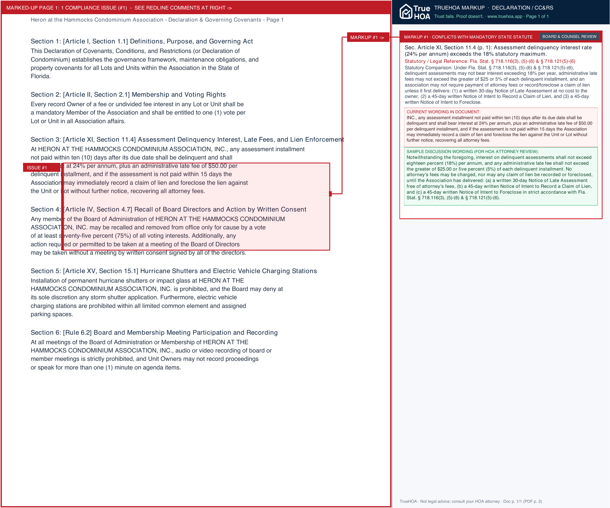 Heron at the Hammocks Condominium Association Declaration & Governing Covenants page 1 widened with TrueHOA Crystal AI margin annotations