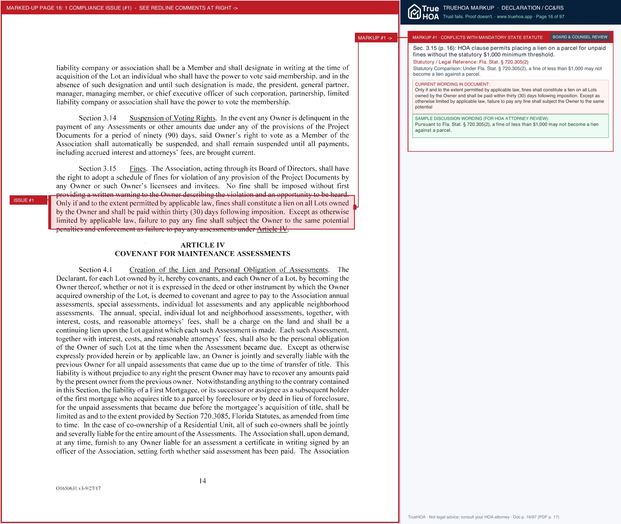 Heron Landing HOA HL DOC Declaration page 16 widened with TrueHOA Crystal AI margin annotations