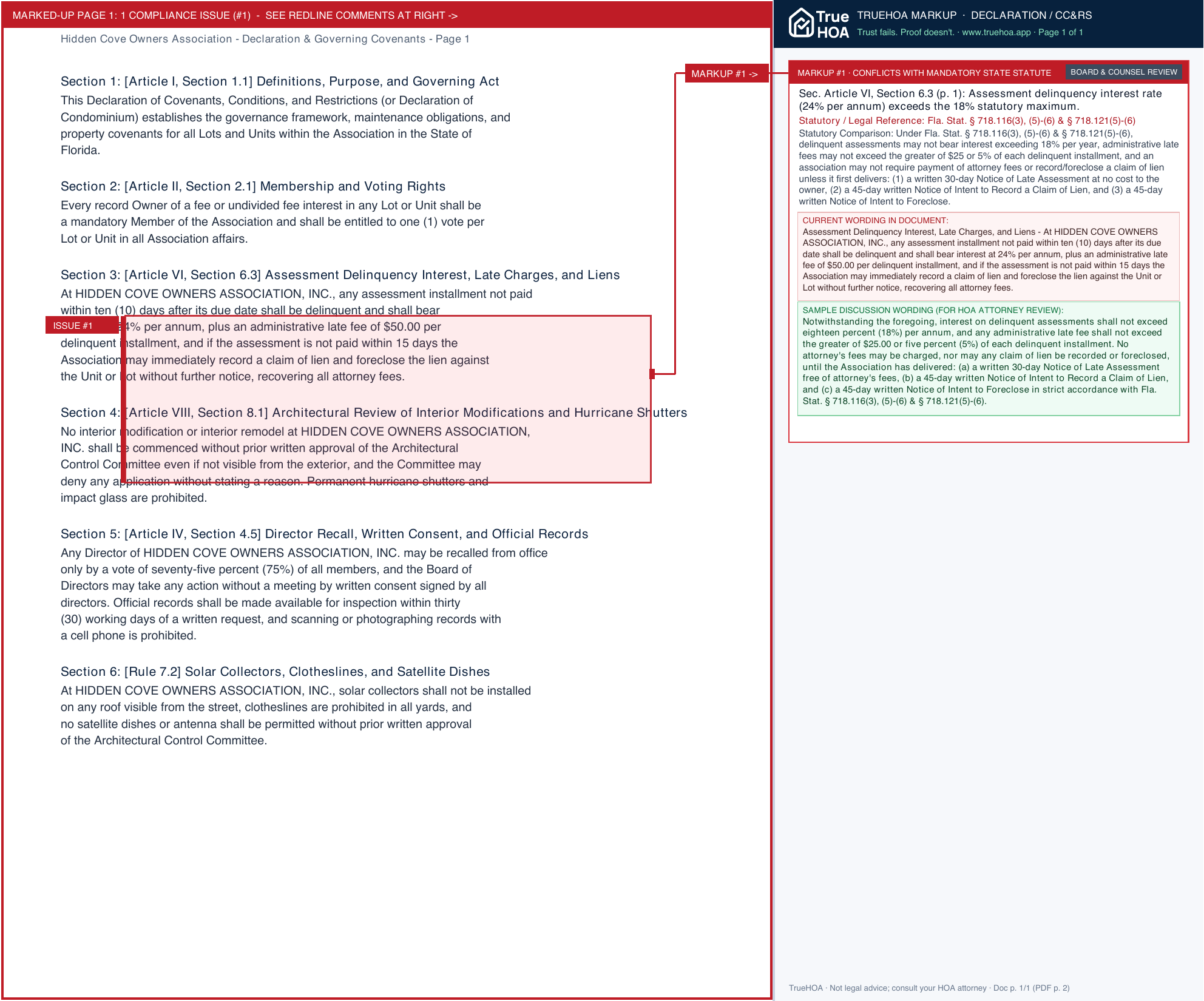 Hidden Cove Owners Association Declaration & Governing Covenants page 1 widened with TrueHOA Crystal AI margin annotations
