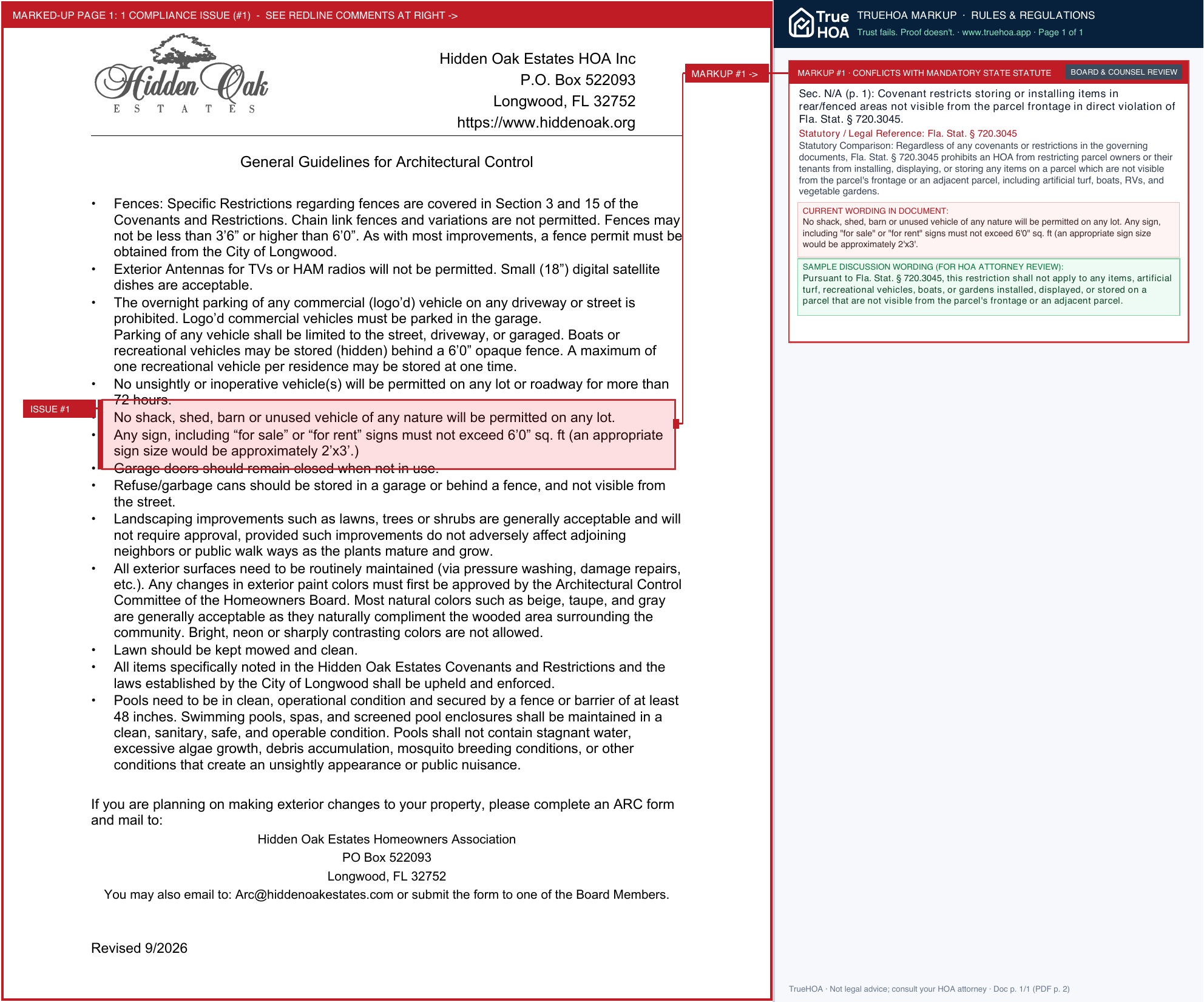 Hidden Oak Estates HOA Rules, Regulations & Community Standards page 1 widened with TrueHOA Crystal AI margin annotations