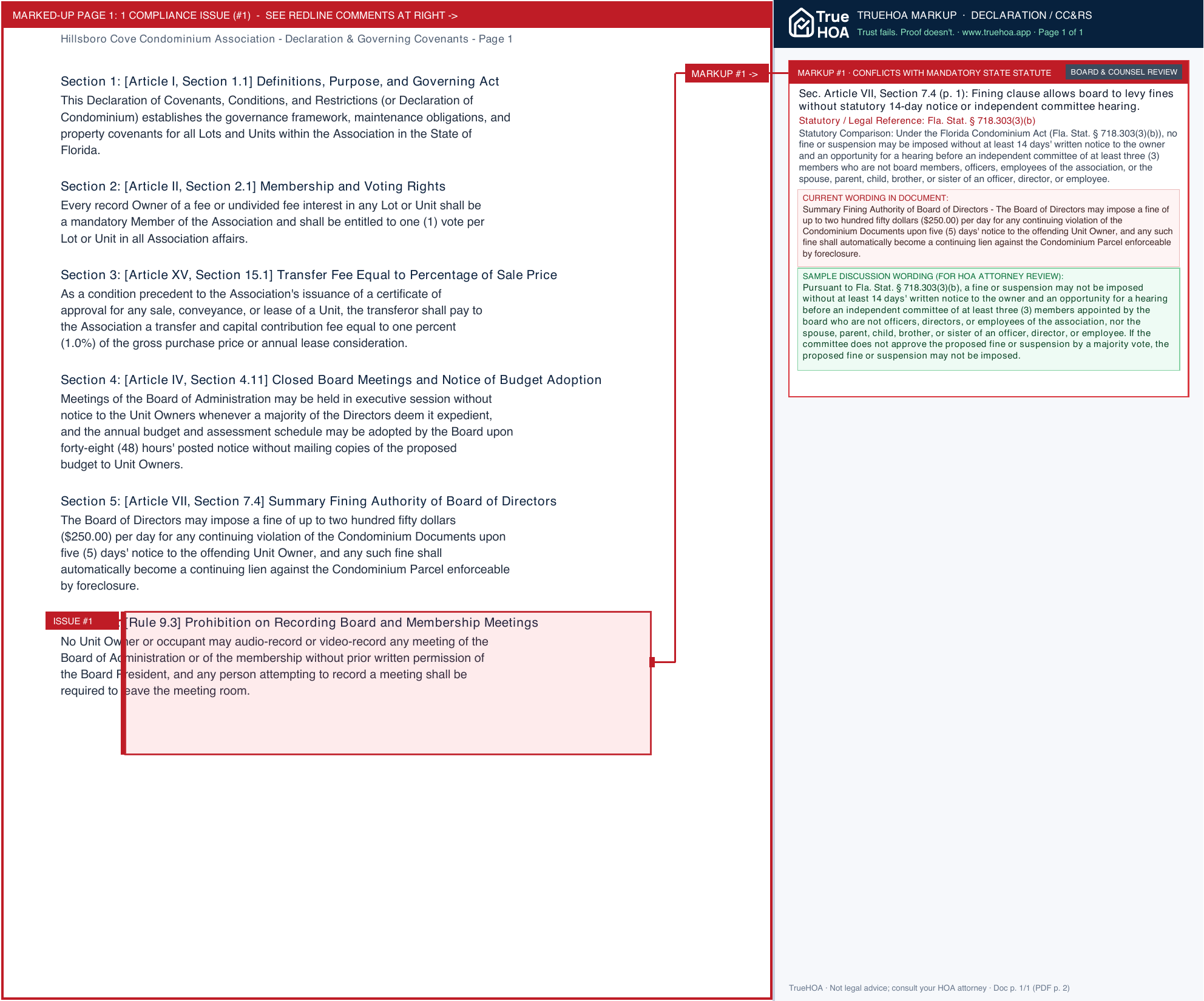 Hillsboro Cove Condominium Association Declaration & Governing Covenants page 1 widened with TrueHOA Crystal AI margin annotations