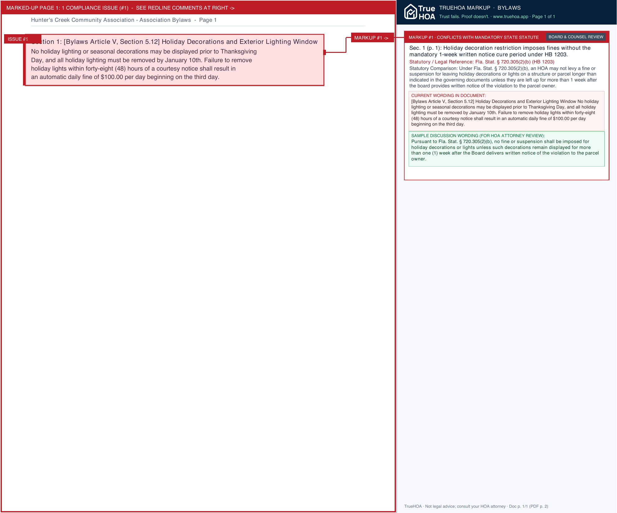 Hunter's Creek Community Association Association Bylaws page 1 widened with TrueHOA Crystal AI margin annotations