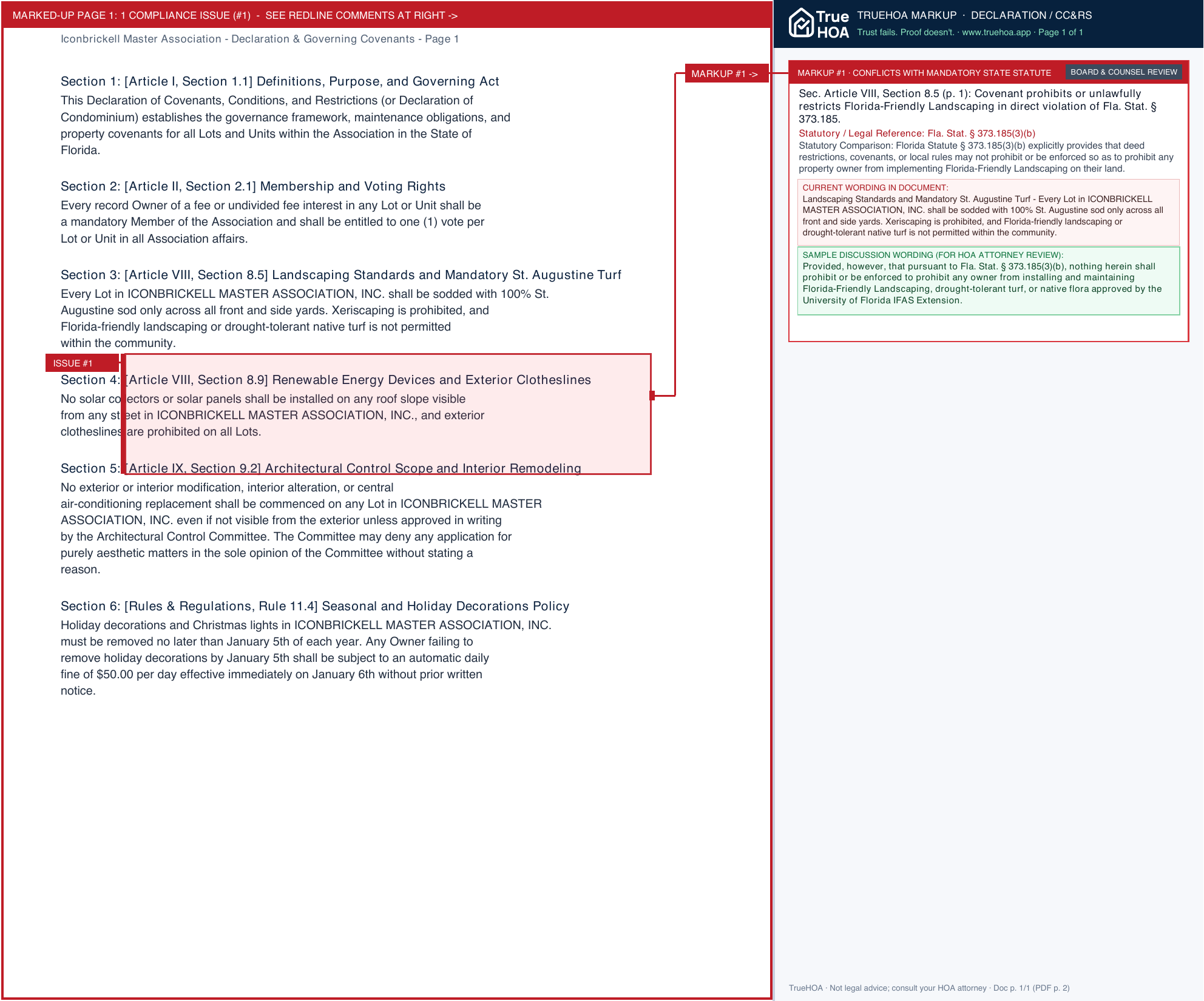 Iconbrickell Master Association Declaration & Governing Covenants page 1 widened with TrueHOA Crystal AI margin annotations