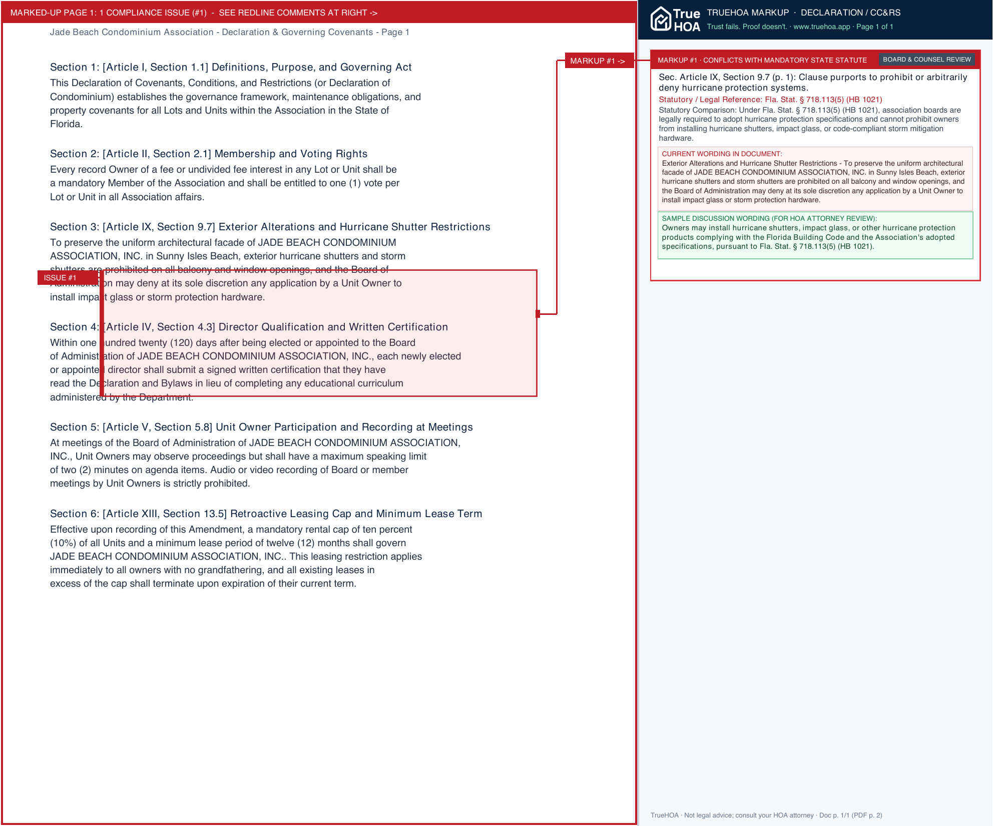 Jade Beach Condominium Association Declaration & Governing Covenants page 1 widened with TrueHOA Crystal AI margin annotations