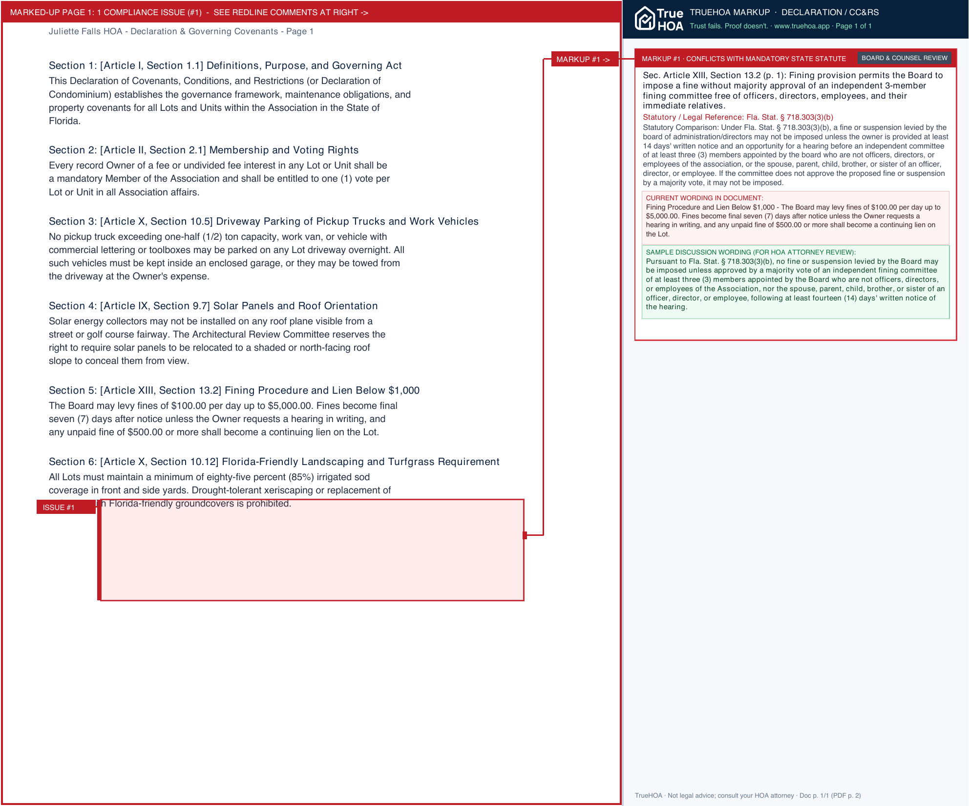 Juliette Falls HOA Declaration & Governing Covenants page 1 widened with TrueHOA Crystal AI margin annotations