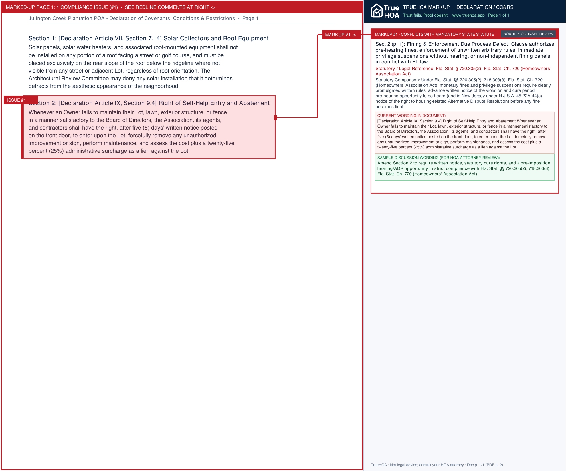 Julington Creek Plantation POA Declaration of Covenants, Conditions & Restrictions page 1 widened with TrueHOA Crystal AI margin annotations