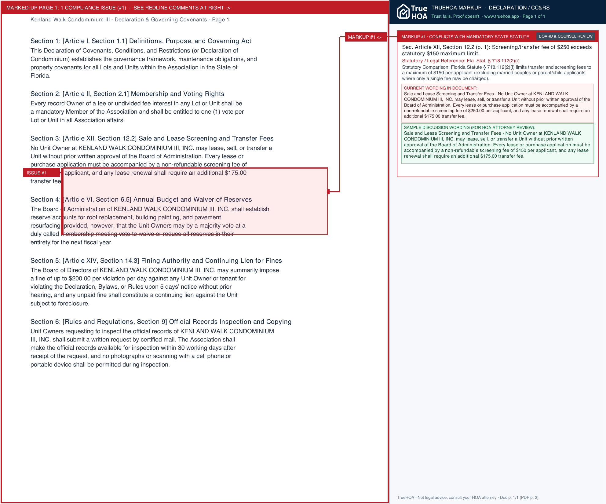 Kenland Walk Condominium III Declaration & Governing Covenants page 1 widened with TrueHOA Crystal AI margin annotations