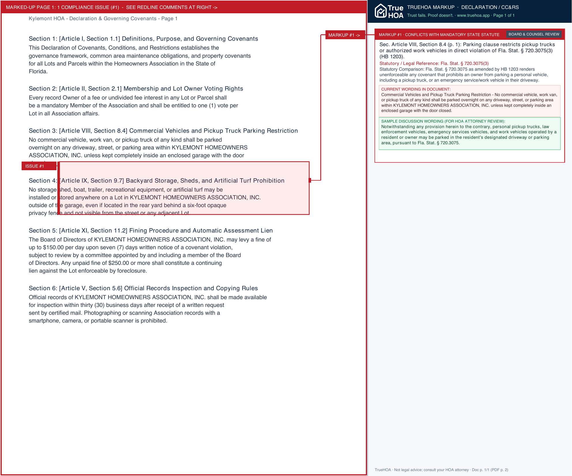Kylemont HOA Declaration & Governing Covenants page 1 widened with TrueHOA Crystal AI margin annotations