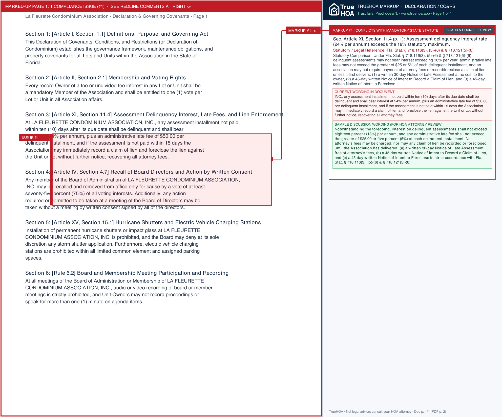 La Fleurette Condominium Association Declaration & Governing Covenants page 1 widened with TrueHOA Crystal AI margin annotations