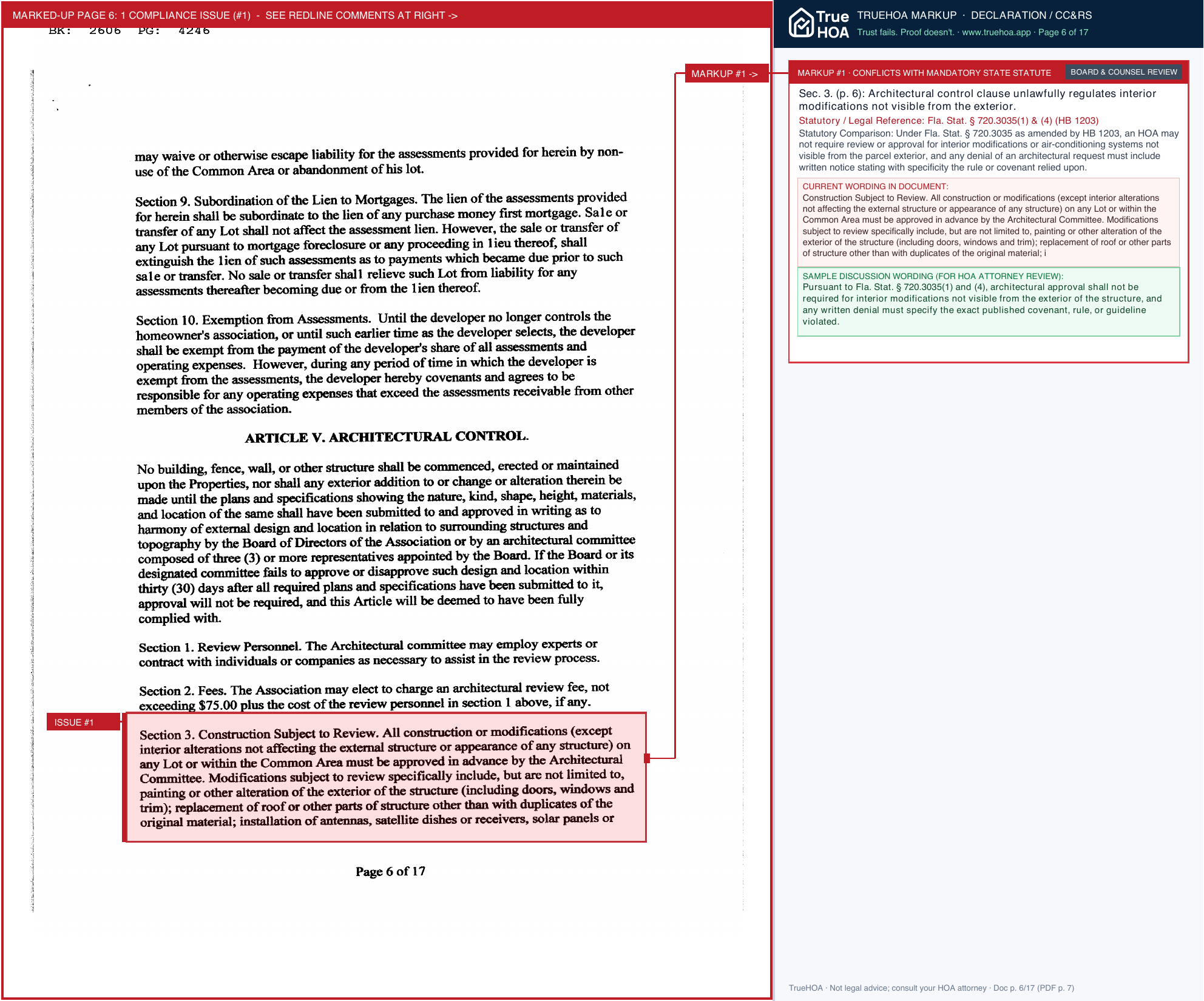Lake Arthur Estates HOA Declaration of Covenants, Conditions, and Restrictions page 6 widened with TrueHOA Crystal AI margin annotations