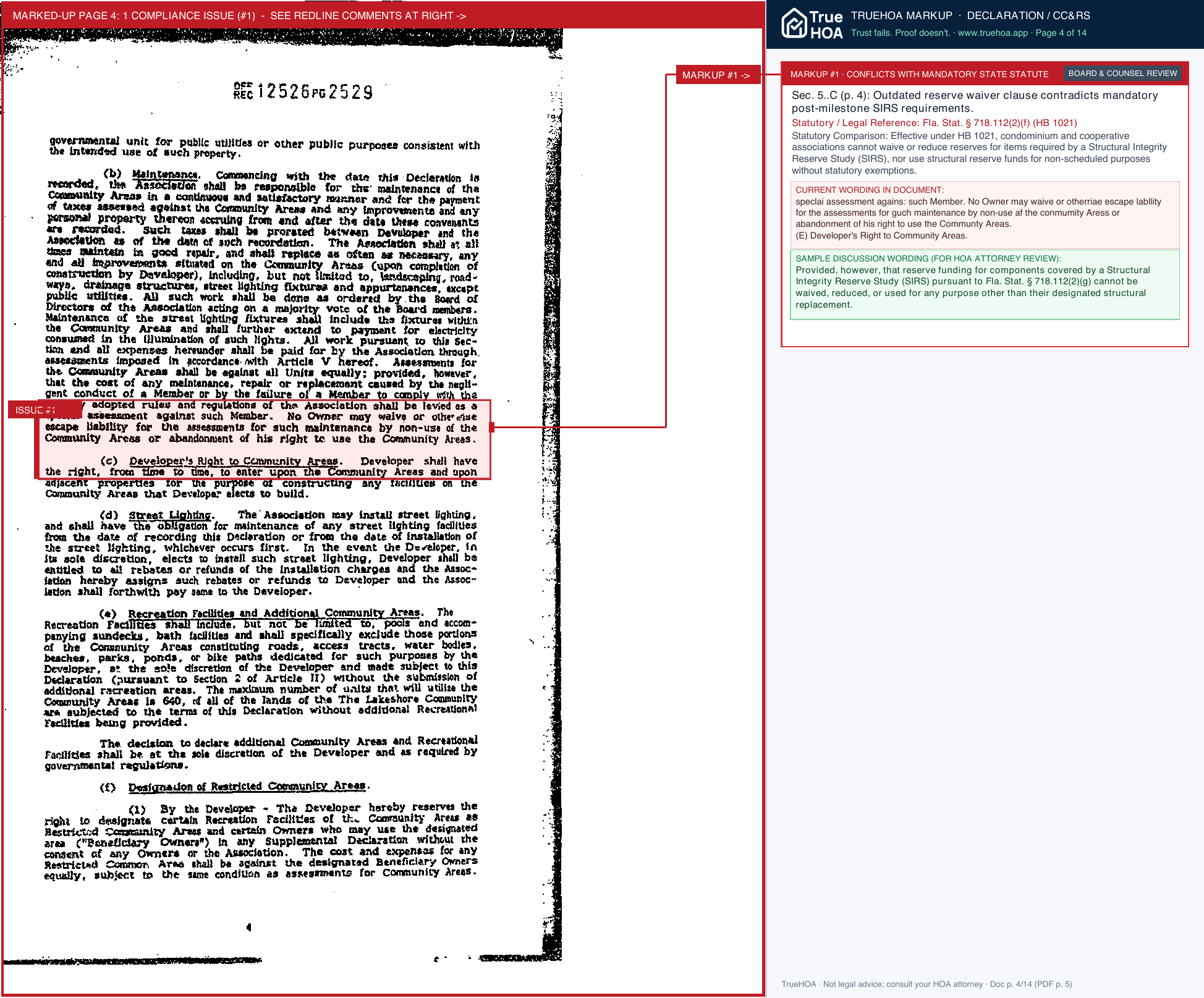 Lakeshore 10 Condominium Association Declaration of Covenants, Conditions & Restrictions page 4 widened with TrueHOA Crystal AI margin annotations