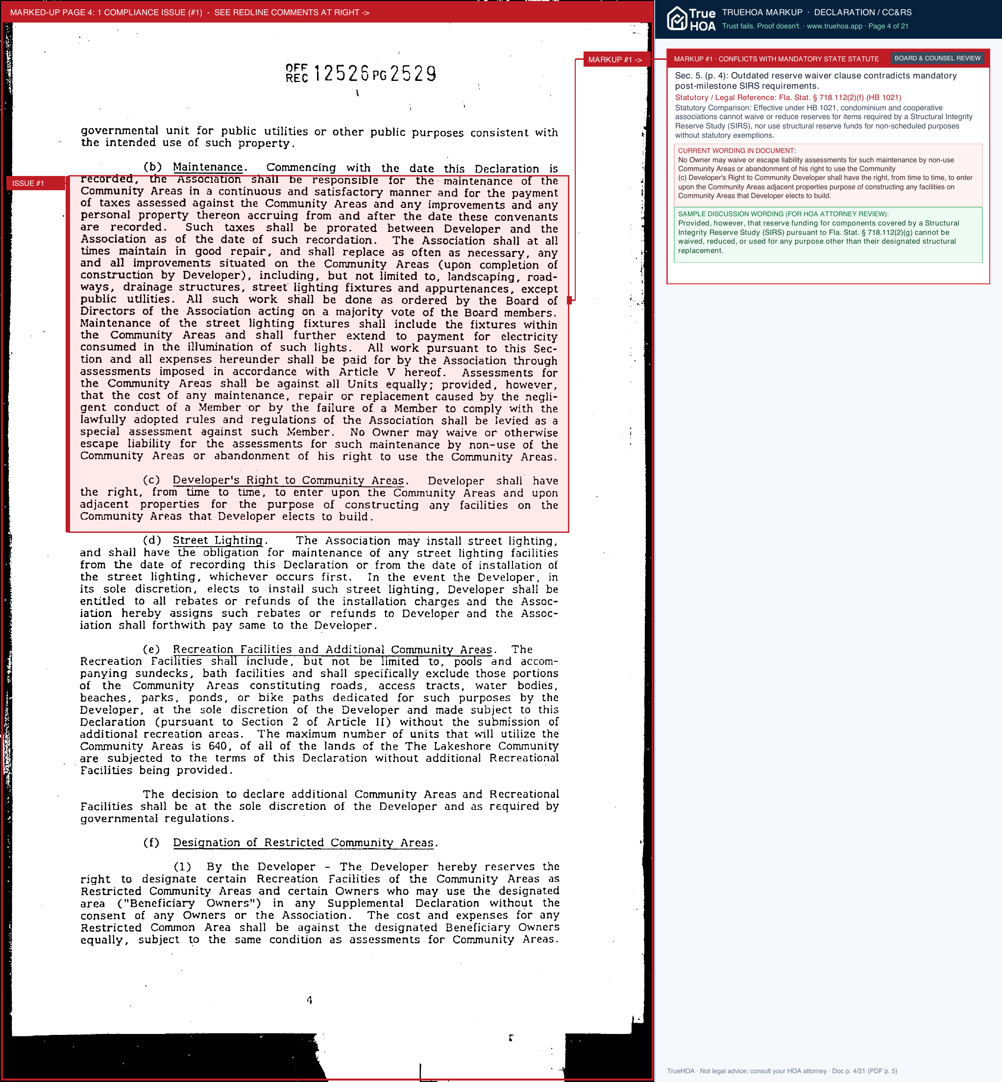 Lakeshore 5 Condominium Association Declaration of Covenants, Conditions & Restrictions page 4 widened with TrueHOA Crystal AI margin annotations