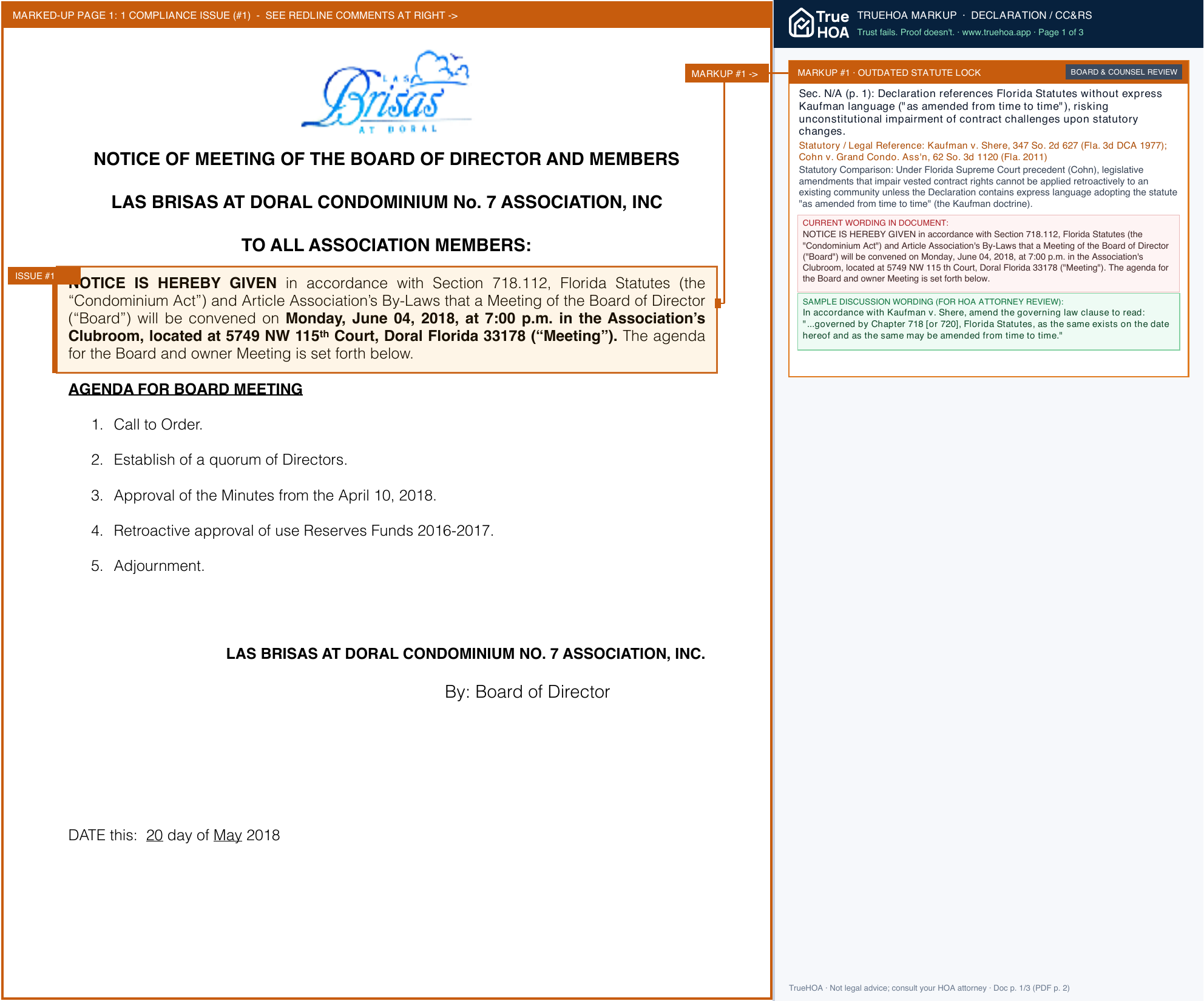 Las Brisas at Doral Condominium No. 7 Association Details click here page 1 widened with TrueHOA Crystal AI margin annotations