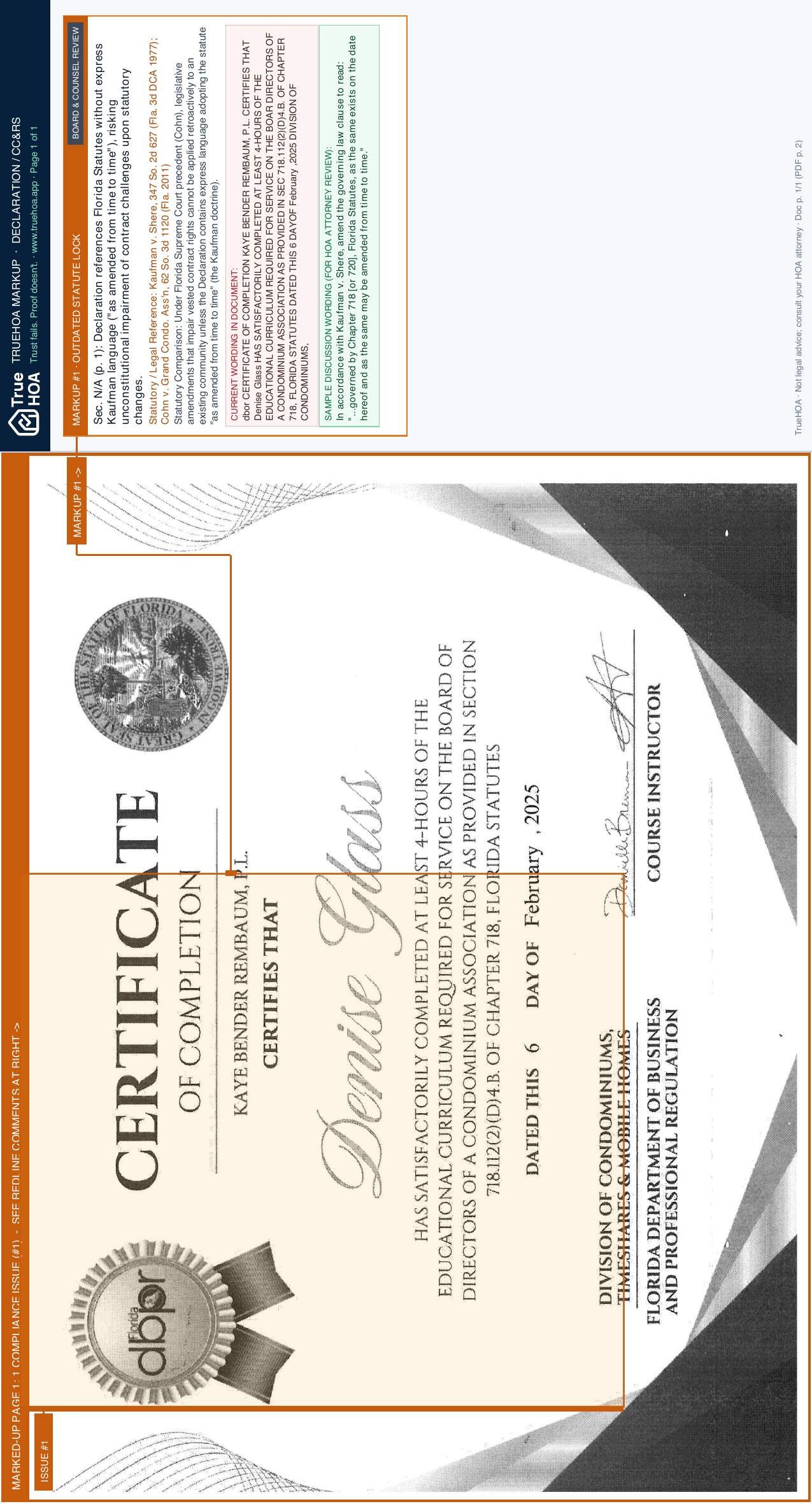 Las Vistas in Inverrary Condominium Association Denise Glass FL DBPR Cert. page 1 widened with TrueHOA Crystal AI margin annotations