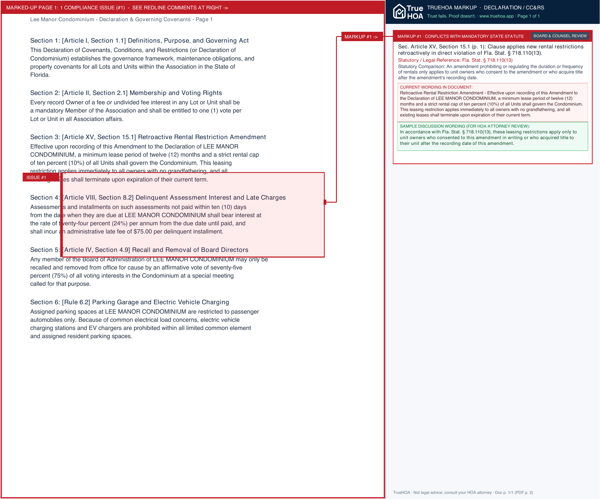 Lee Manor Condominium Declaration & Governing Covenants page 1 widened with TrueHOA Crystal AI margin annotations