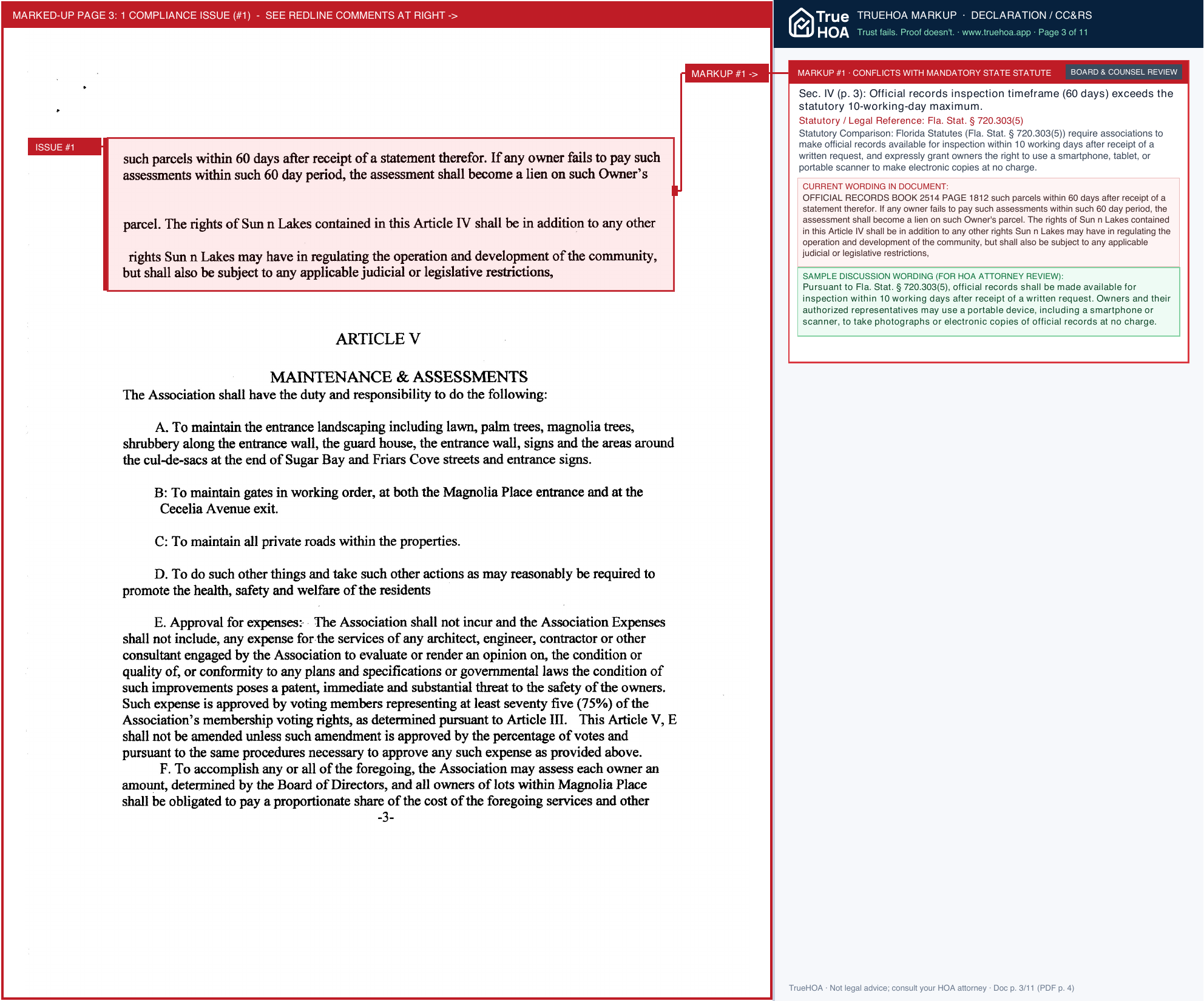 Magnolia Place Community Association Declaration of Covenants, Fourth Amendment page 3 widened with TrueHOA Crystal AI margin annotations
