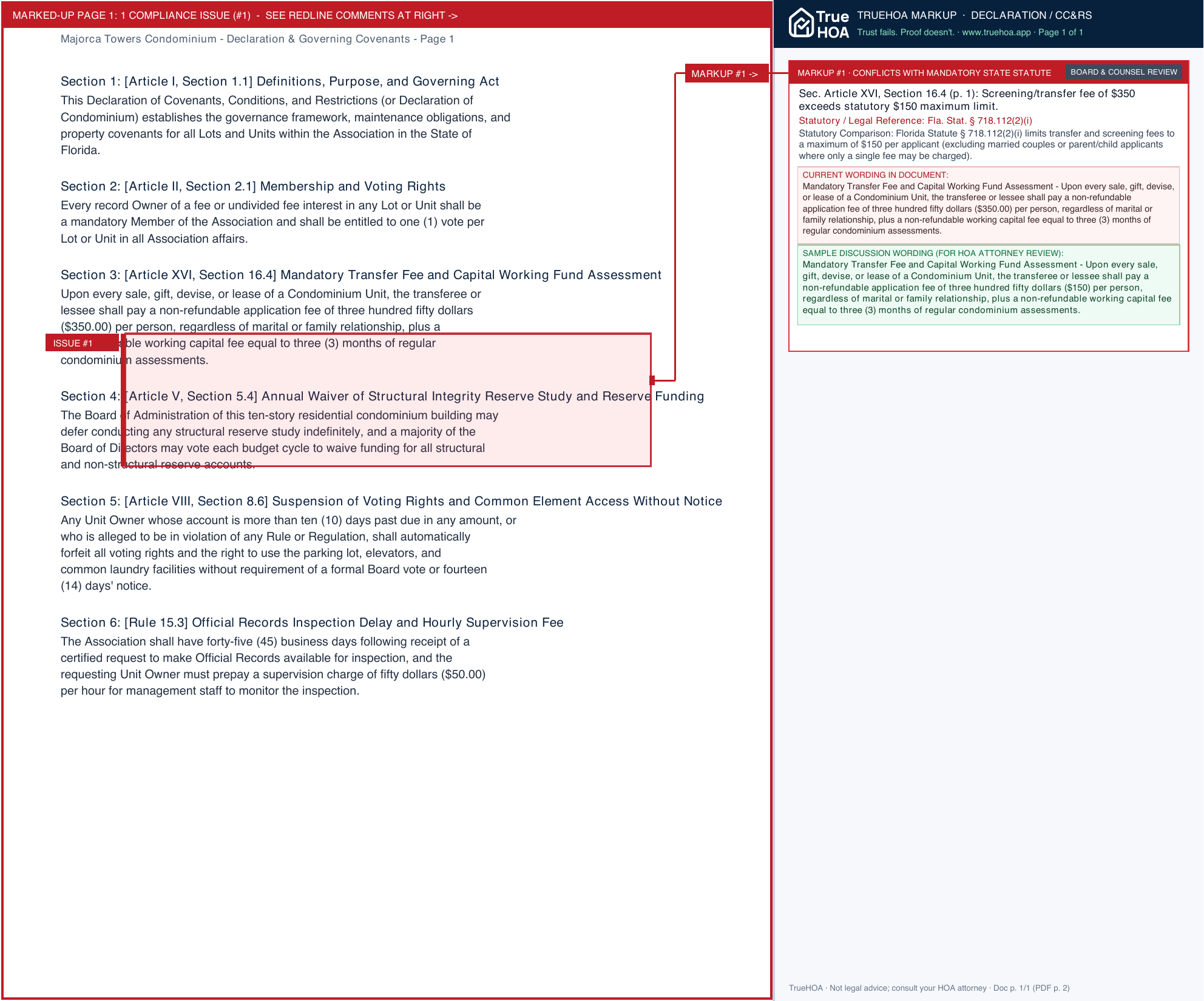 Majorca Towers Condominium Declaration & Governing Covenants page 1 widened with TrueHOA Crystal AI margin annotations