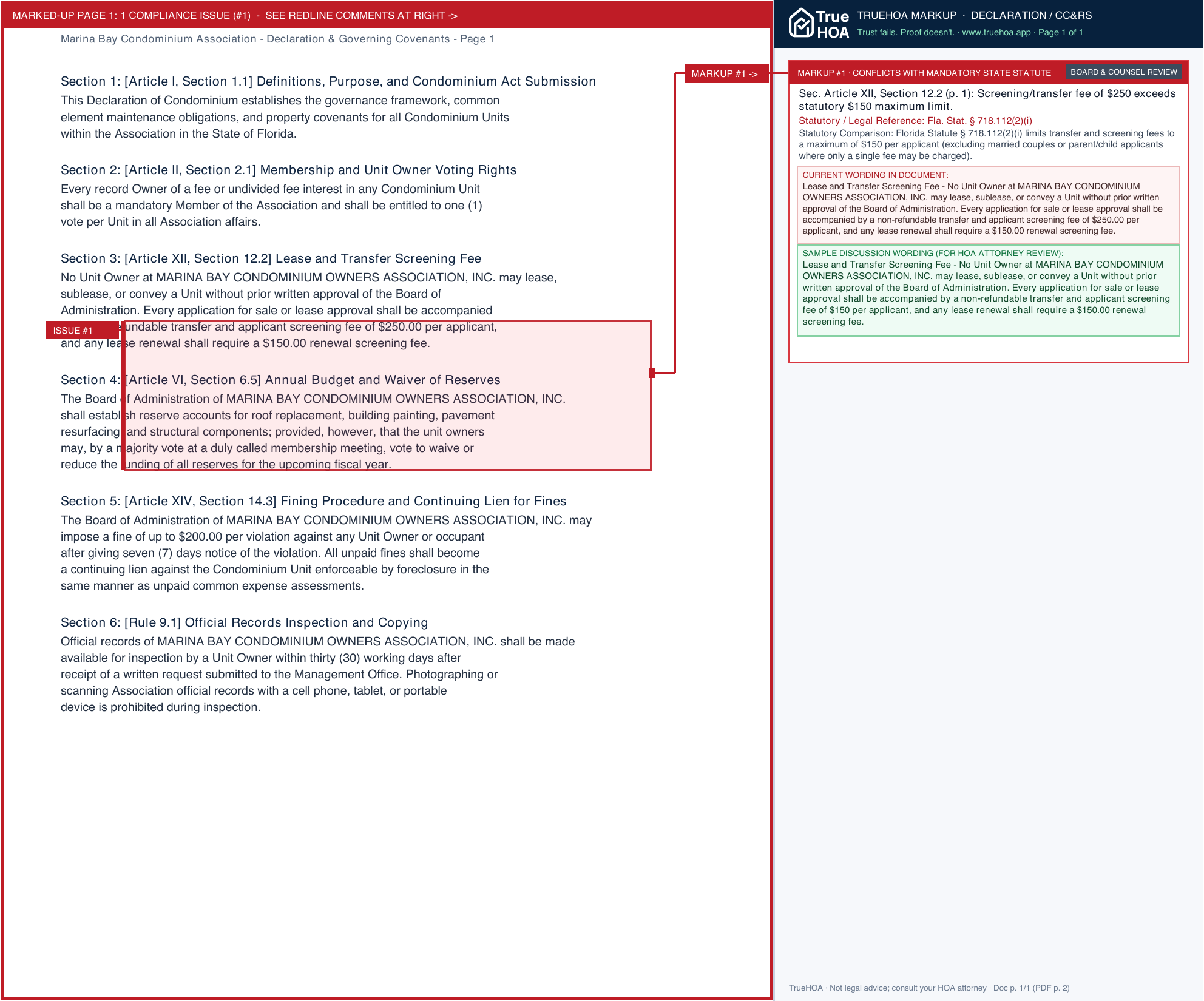 Marina Bay Condominium Association Declaration & Governing Covenants page 1 widened with TrueHOA Crystal AI margin annotations